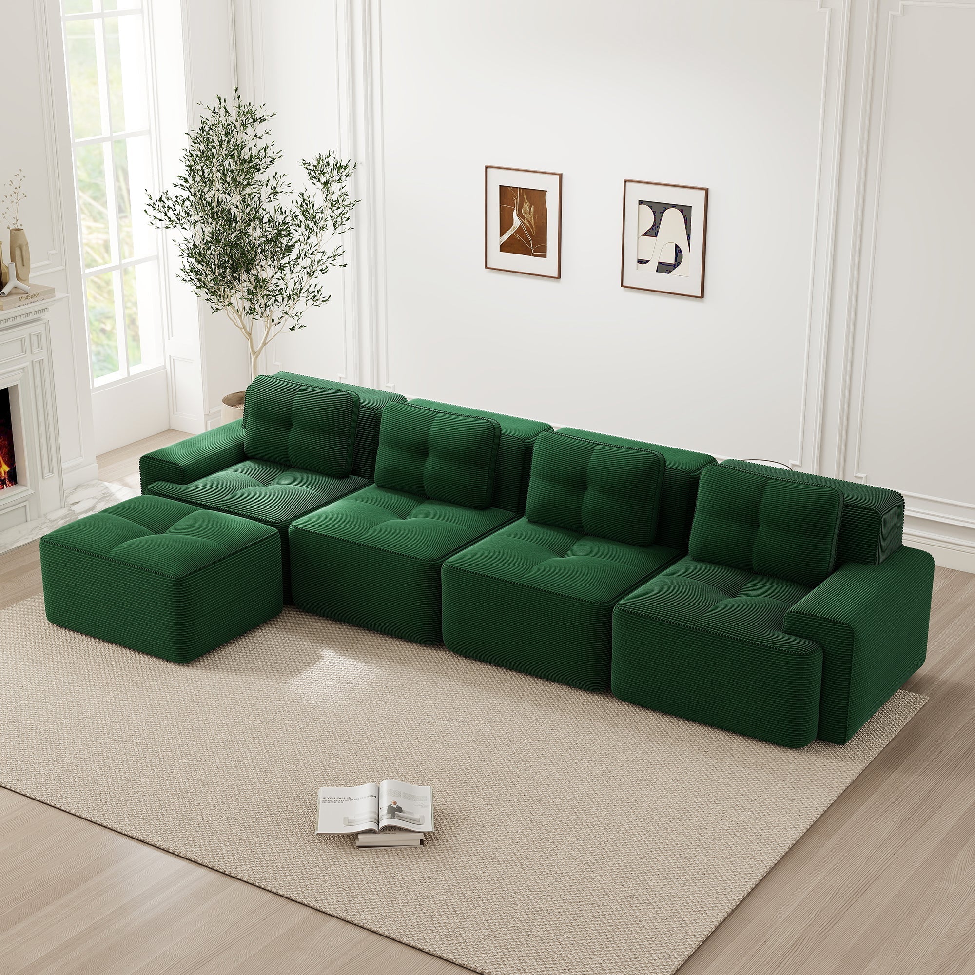 Boneless Sofa Modular L-Shaped Chaise Lounge 4-Seater Deep-Seat - Corduroy Green - Image 3