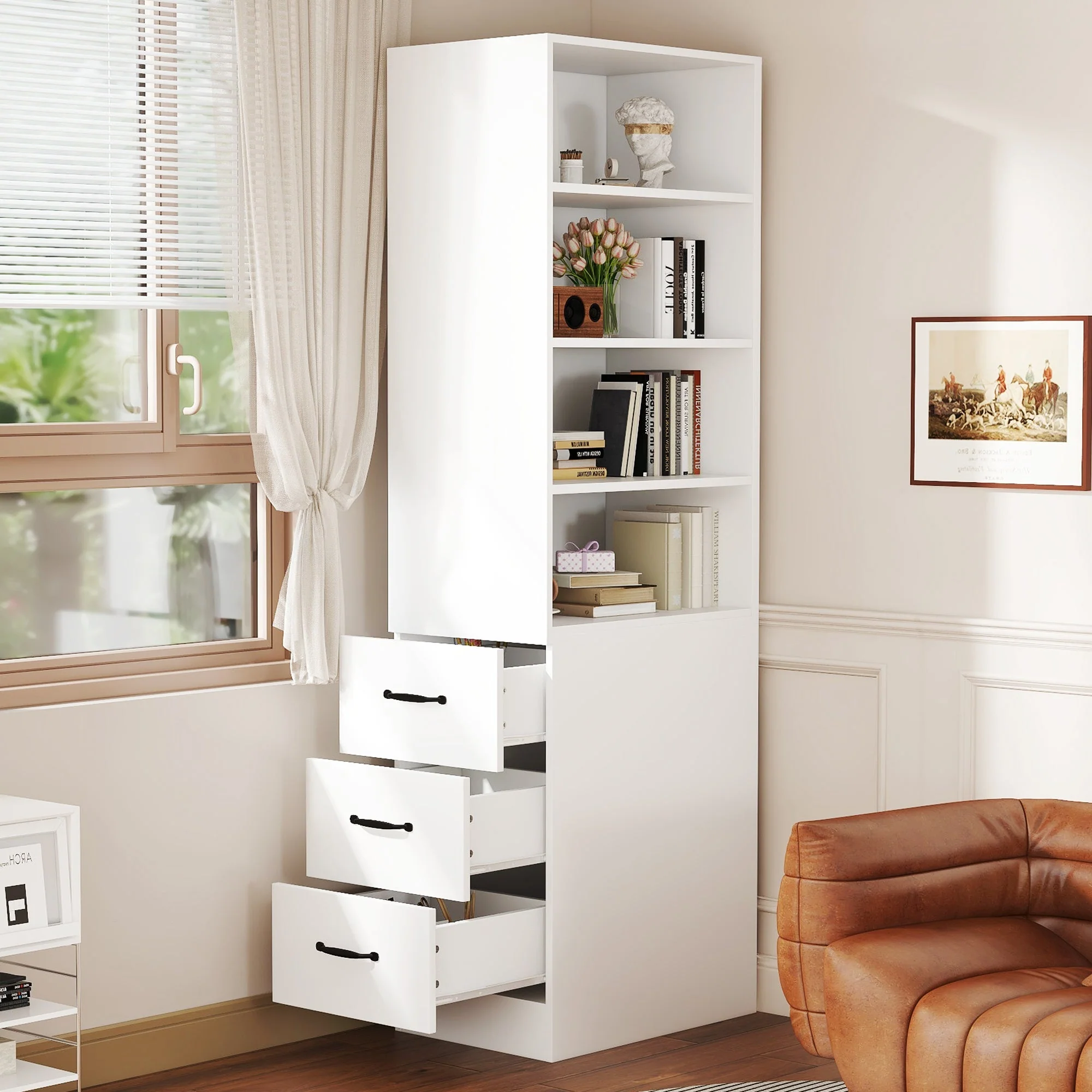 Bookcase, 180cm Extra-Narrow with Side Drawers, Adjustable Shelves, Living Room Tall Cabinet - Image 3