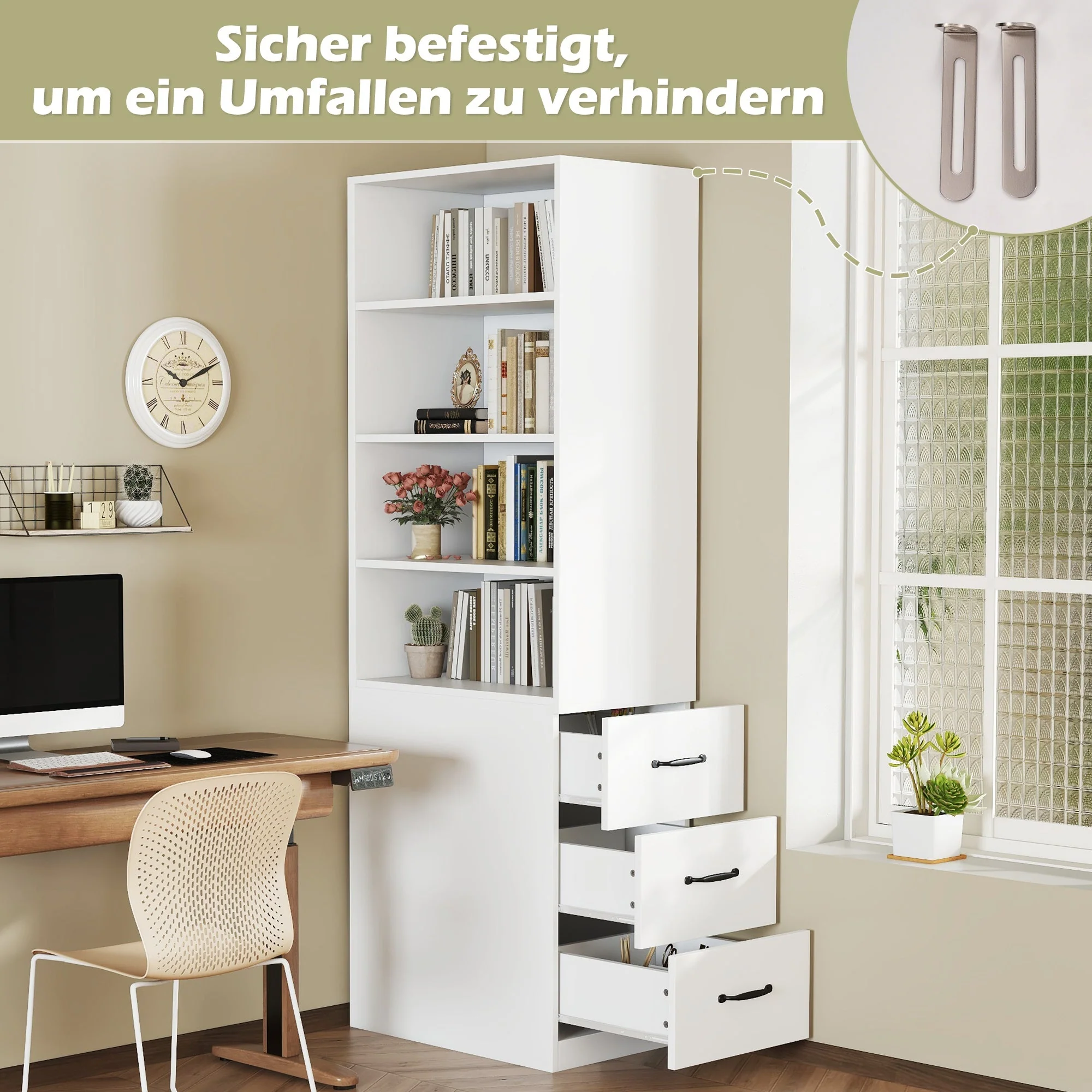 Bookcase, 180cm Extra-Narrow with Side Drawers, Adjustable Shelves, Living Room Tall Cabinet - Image 6