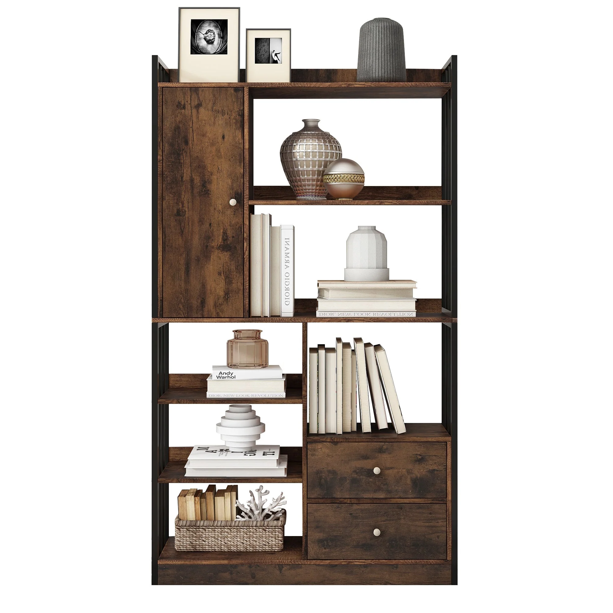 Bookcase, 6-Shelf Industrial Bookcase with Doors & Drawers, Floor to Ceiling, Antique Brown Steel - Image 7