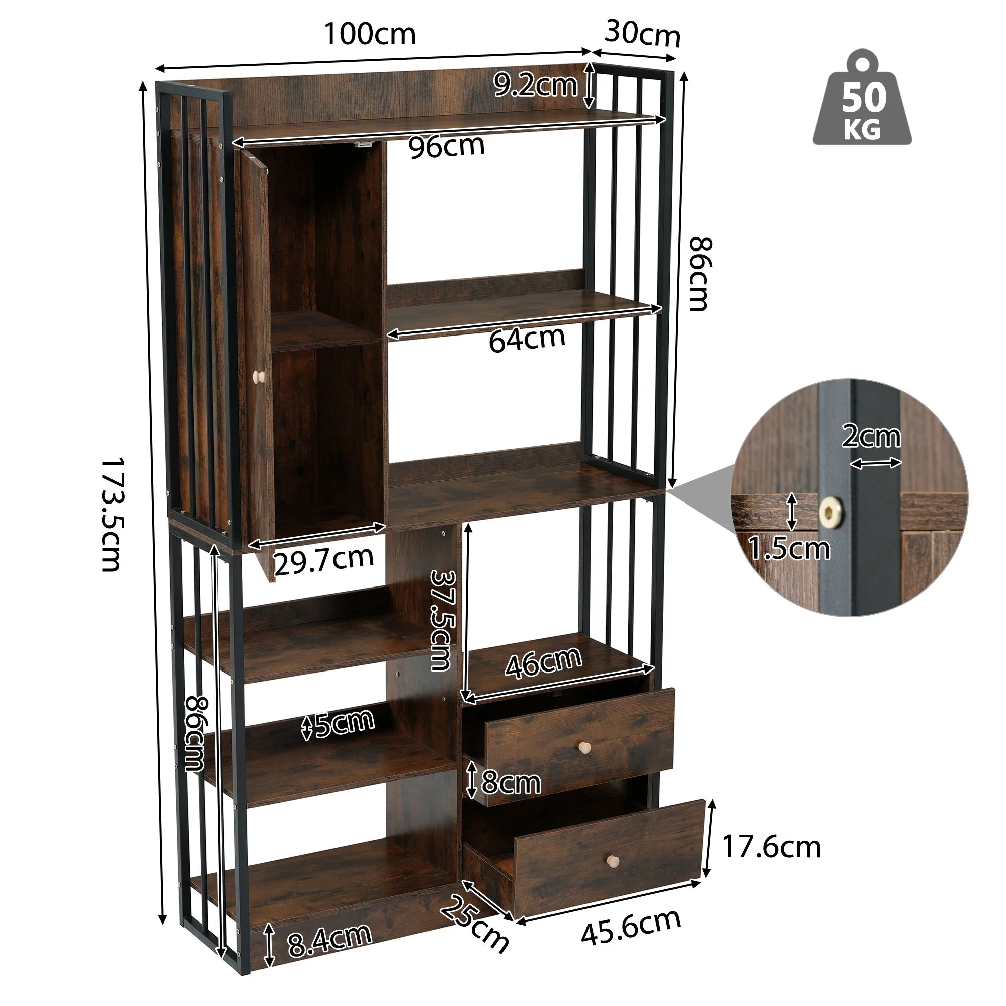 Bookcase, 6-Shelf Industrial Bookcase with Doors & Drawers, Floor to Ceiling, Antique Brown Steel - Image 9