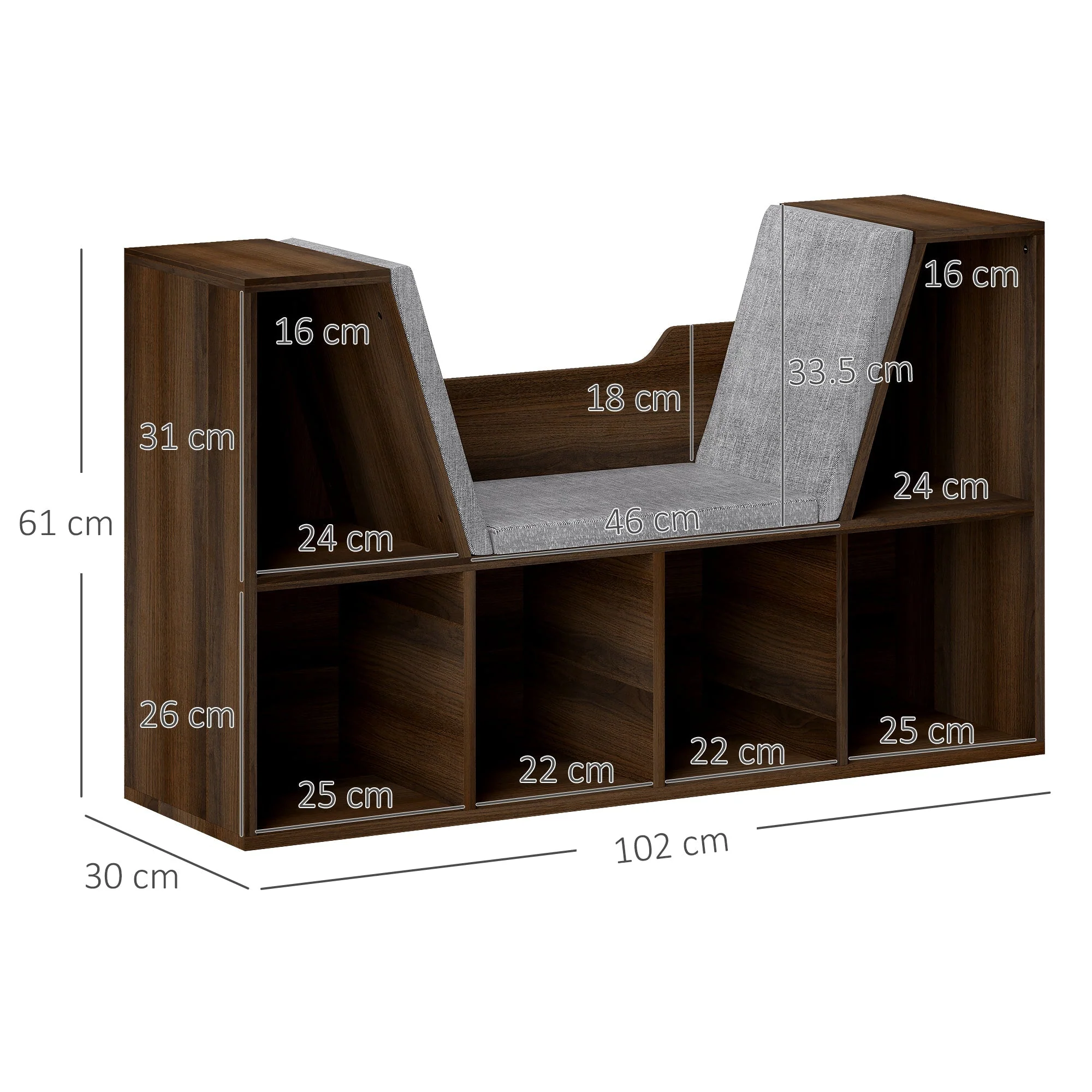 Bookcase Storage Shelf with Cushioned Reading Seat, Cube Organizer, Chestnut - Image 3