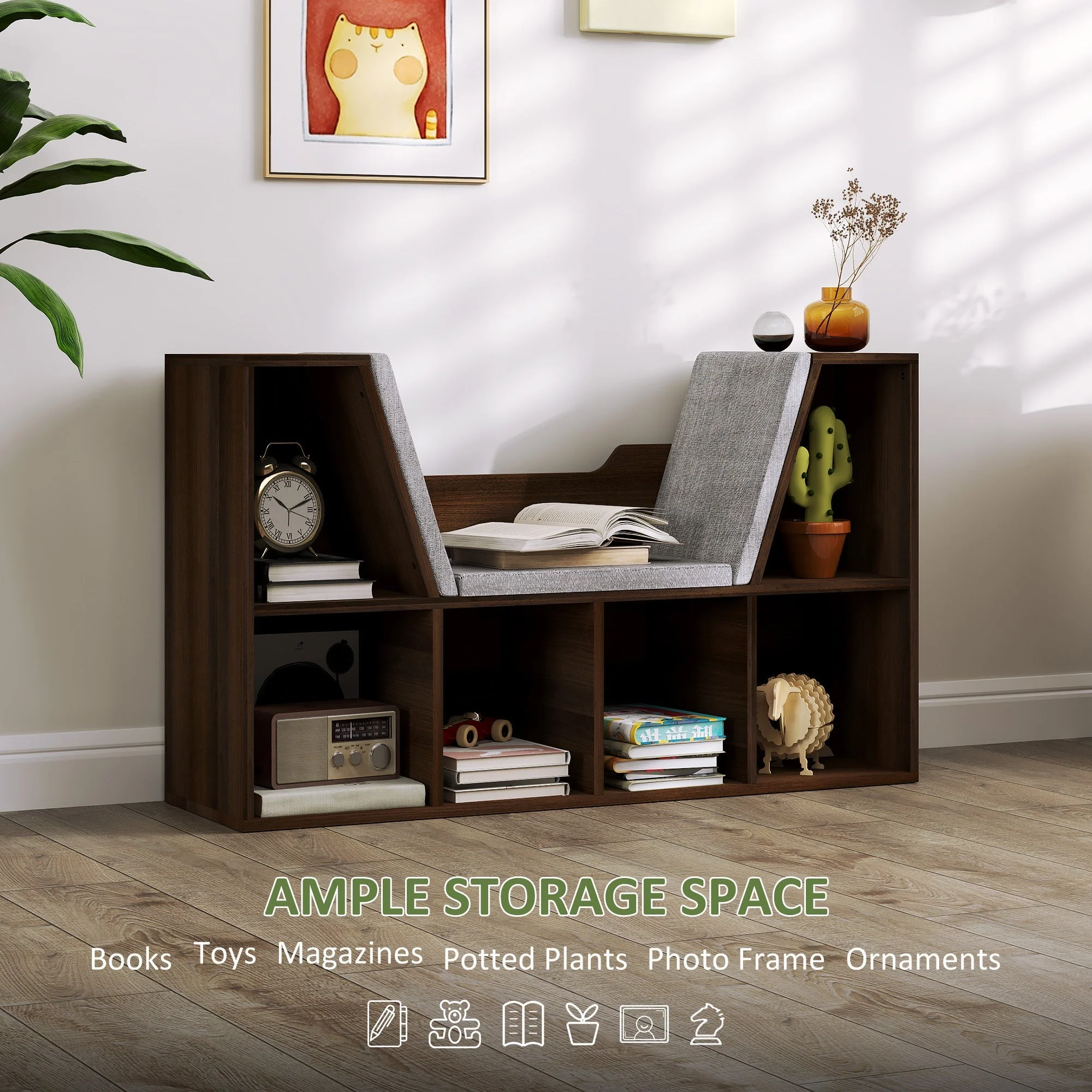 Bookcase Storage Shelf with Cushioned Reading Seat, Cube Organizer, Chestnut - Image 4