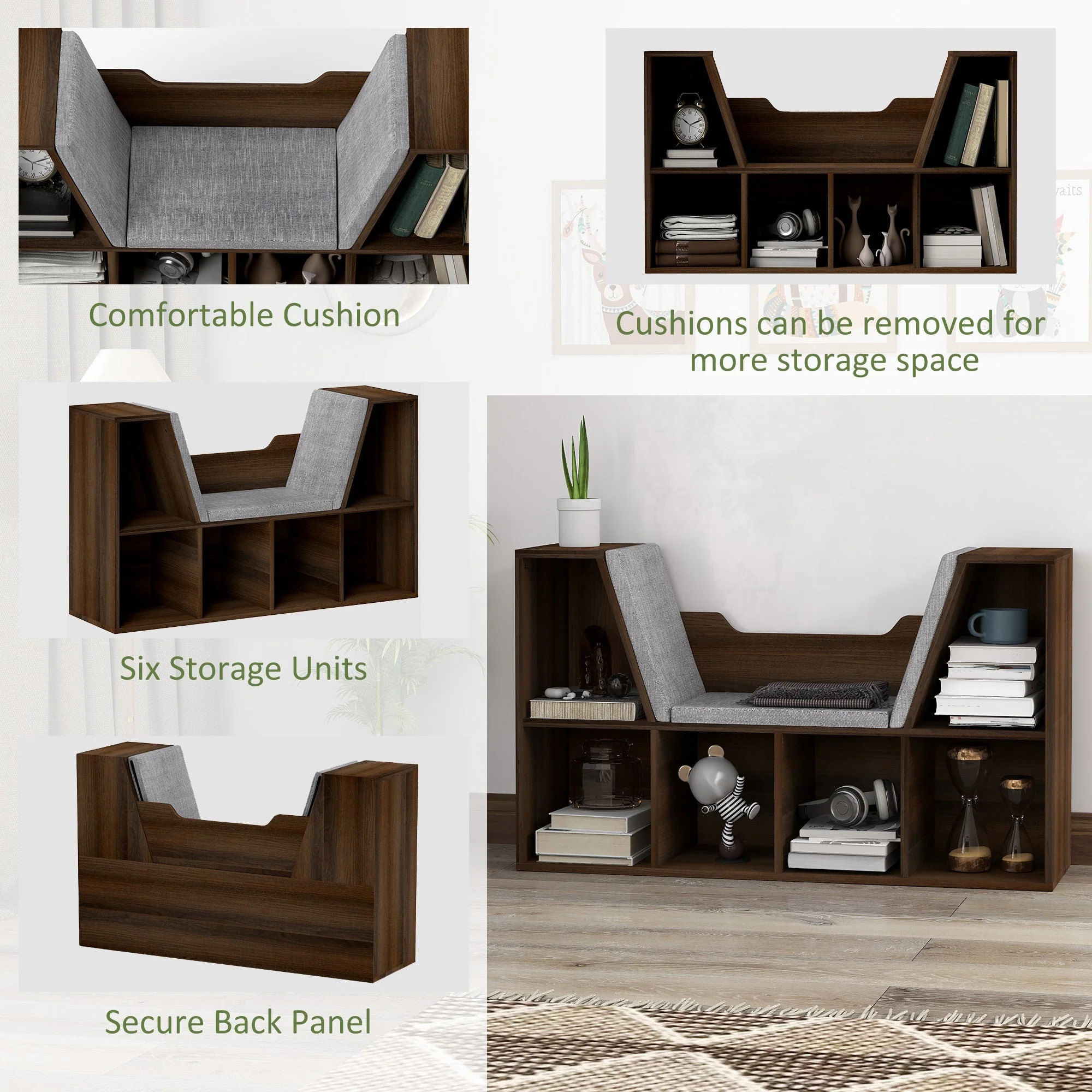 Bookcase Storage Shelf with Cushioned Reading Seat, Cube Organizer, Chestnut - Image 6