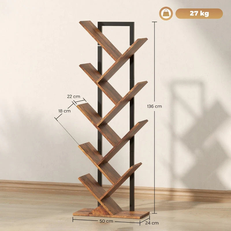 Bookshelf Standing Shelf 9 Levels Tree Shape, Rustic Brown - Image 3