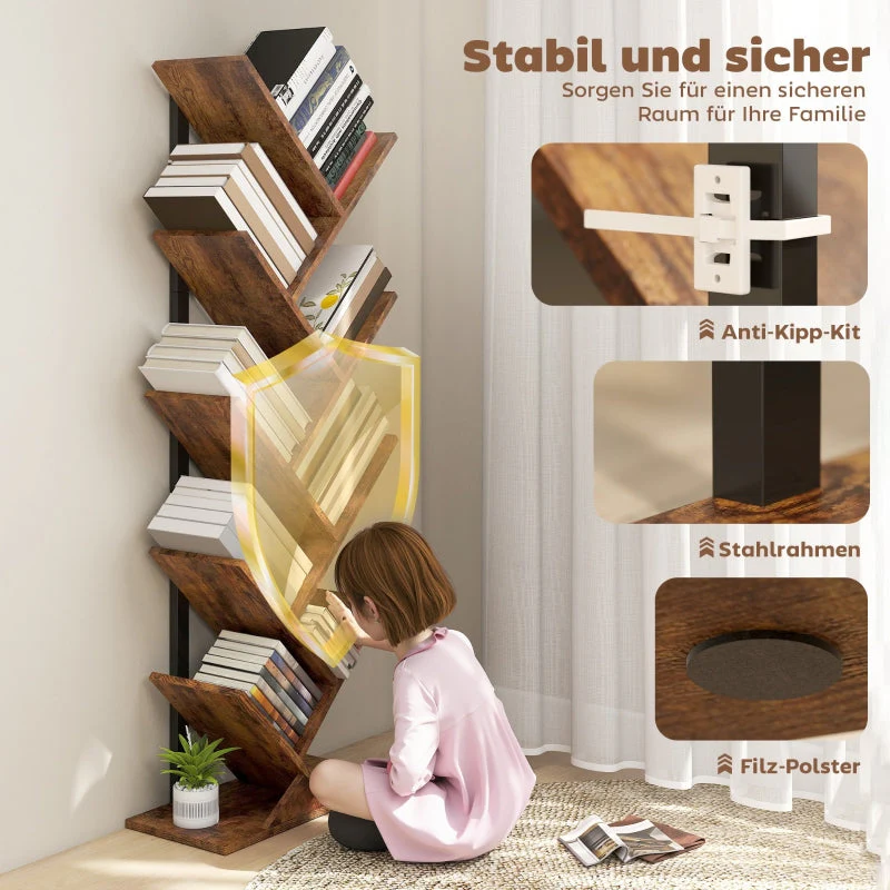 Bookshelf Standing Shelf 9 Levels Tree Shape, Rustic Brown - Image 5