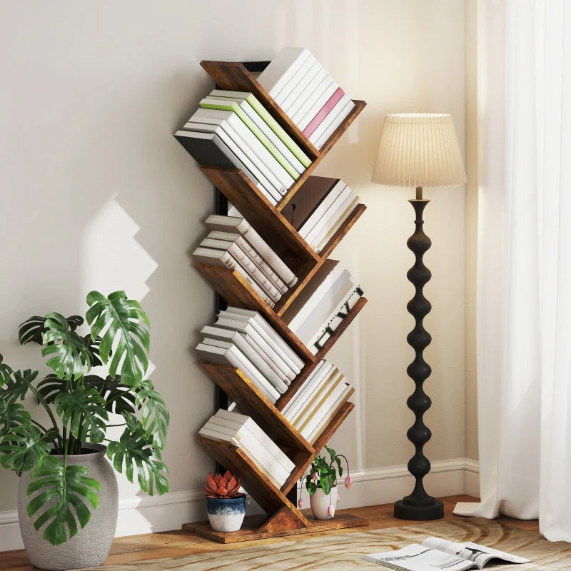 Bookshelf Standing Shelf 9 Levels Tree Shape, Rustic Brown - Image 6