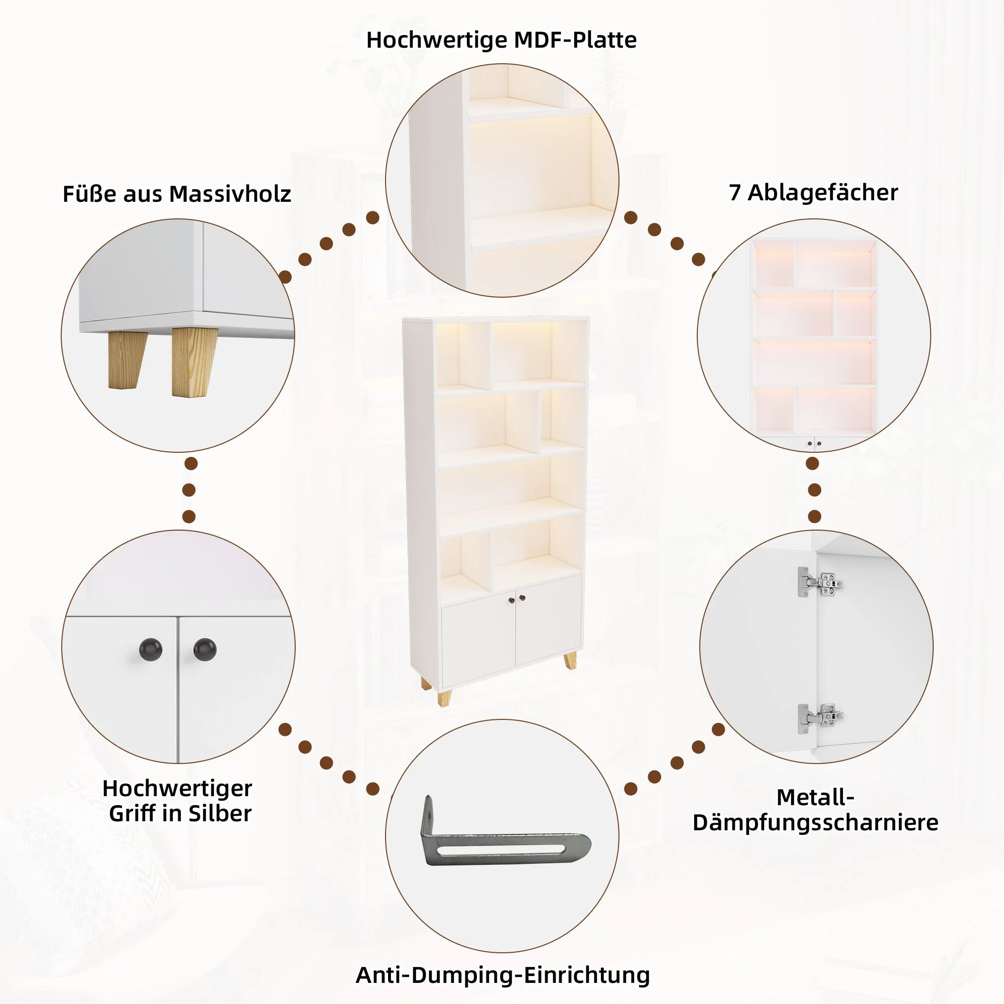 Bookshelf with Solid Wood Legs and LED Ambient Light, White - Image 7