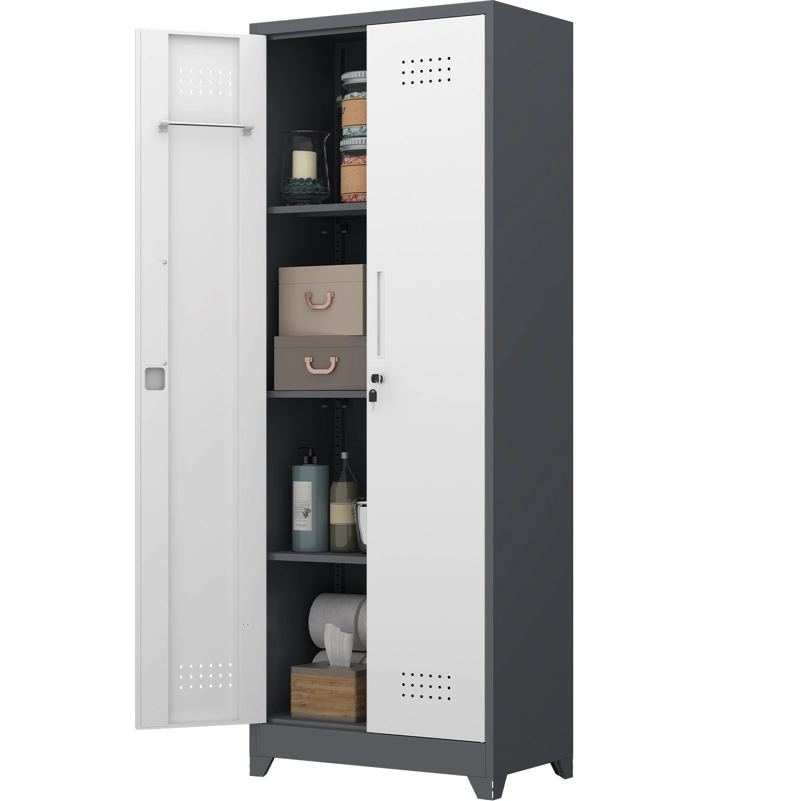 Broom Storage Cabinet with Locking Doors, Hanging Rod and S-Hooks, 65 Inch Metal, Gray - Image 10