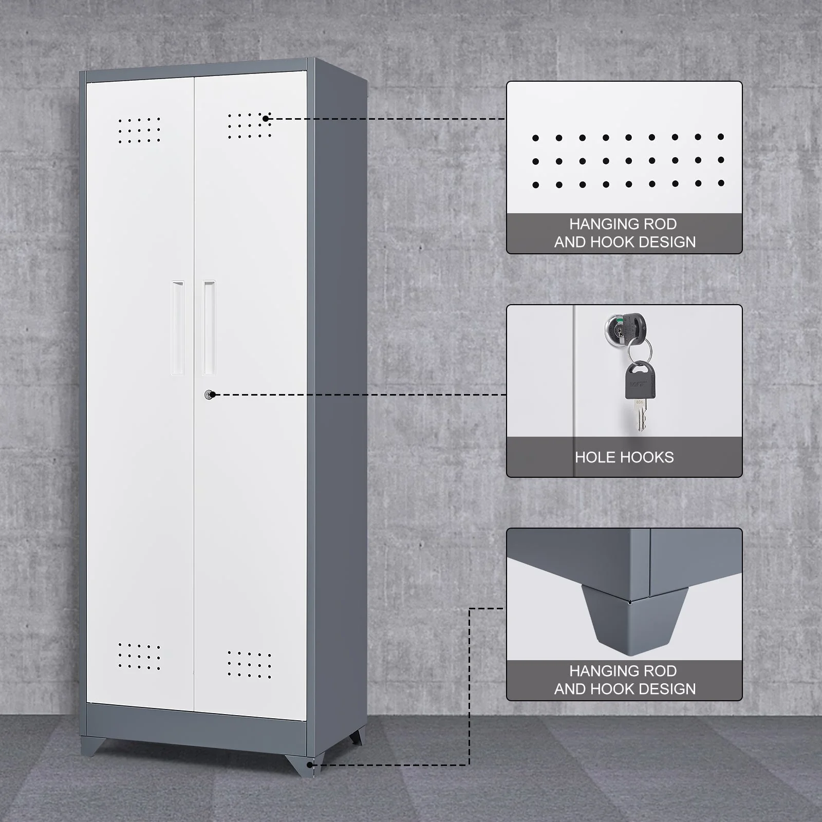 Broom Storage Cabinet with Locking Doors, Hanging Rod and S-Hooks, 65 Inch Metal, Gray - Image 4