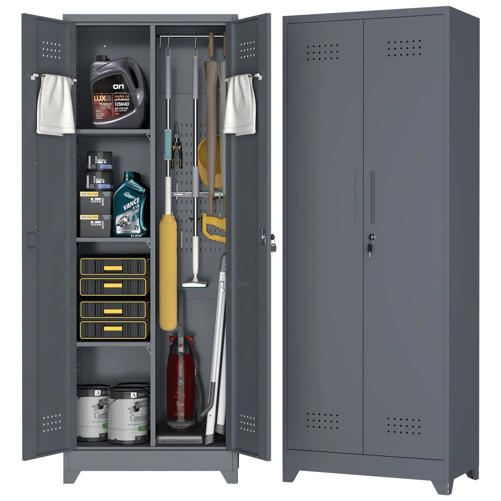 Broom Storage Cabinet with Locking Doors, Shelves and Hanging Rod, 65" H, Metal - Image 2