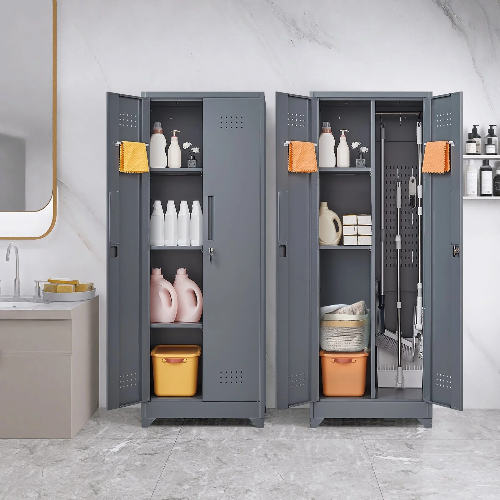 Broom Storage Cabinet with Locking Doors, Shelves and Hanging Rod, 65" H, Metal - Image 7