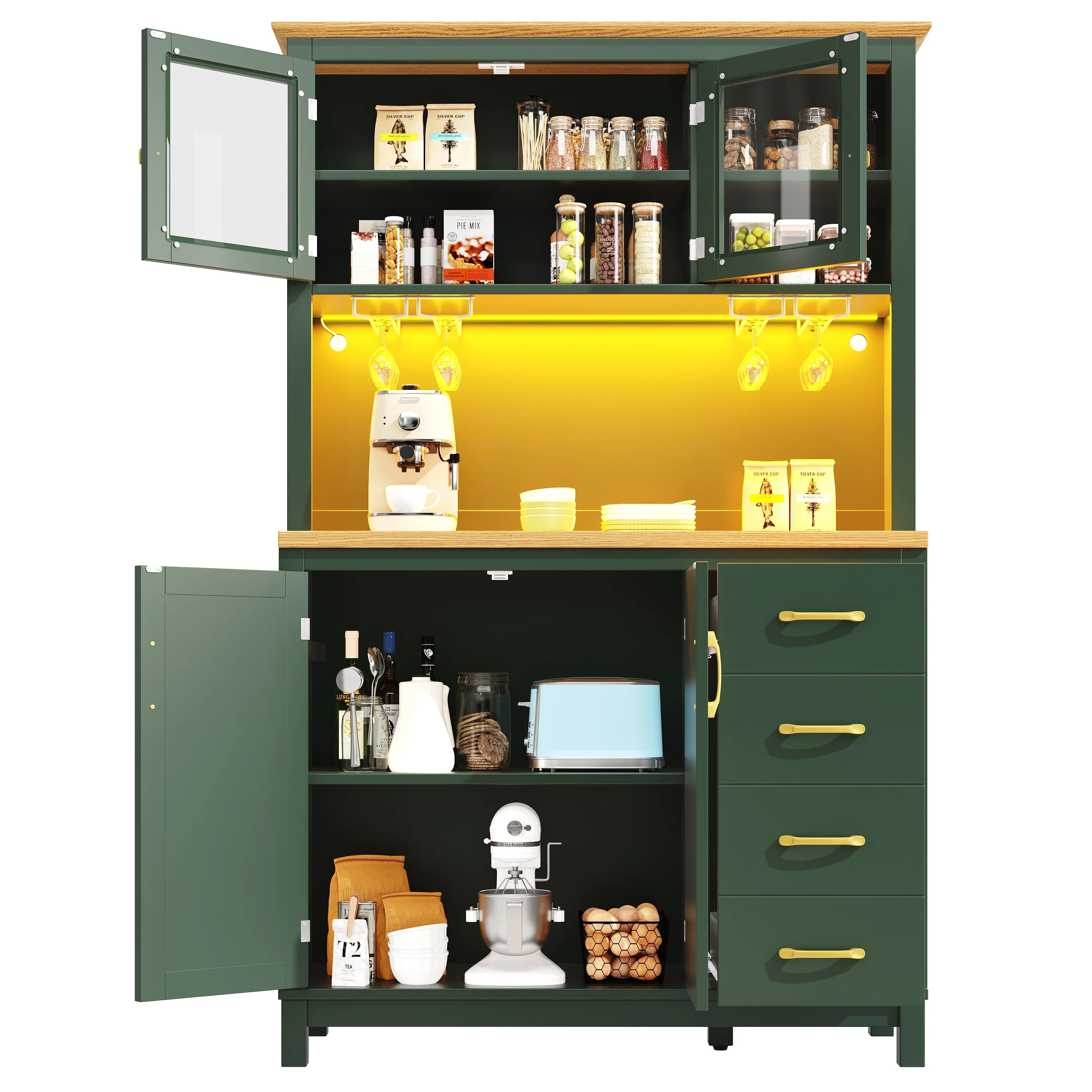 Buffet Cabinet with LED Light Strip and Drink Holders, Green, Black and White - Image 7