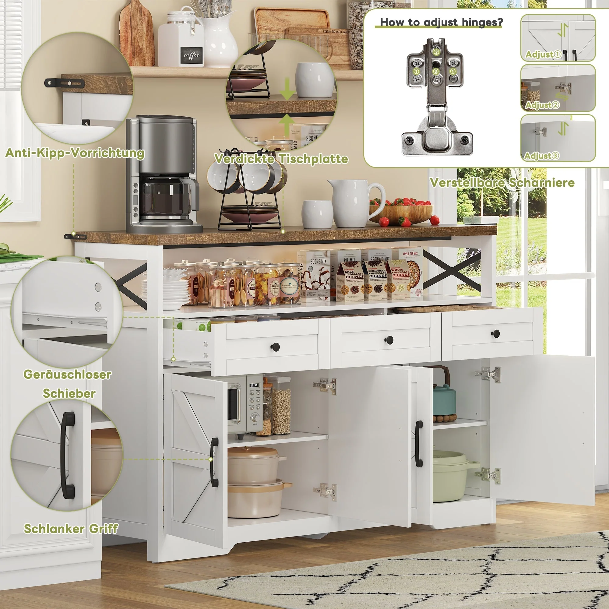 Buffet Sideboard 140cm 3 Drawers Shelves Storage Country Style - White/Brown - Image 4