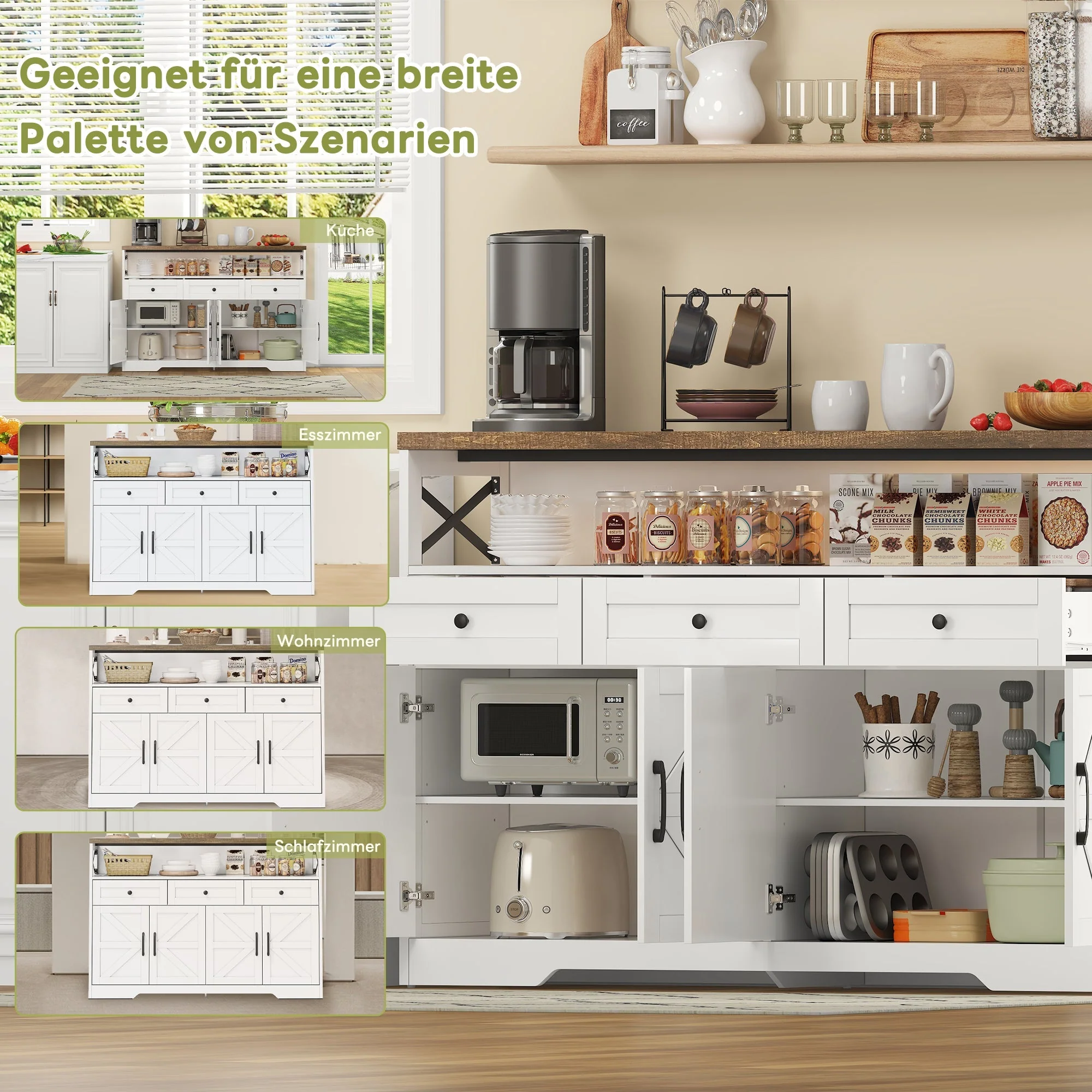 Buffet Sideboard 140cm 3 Drawers Shelves Storage Country Style - White/Brown - Image 5