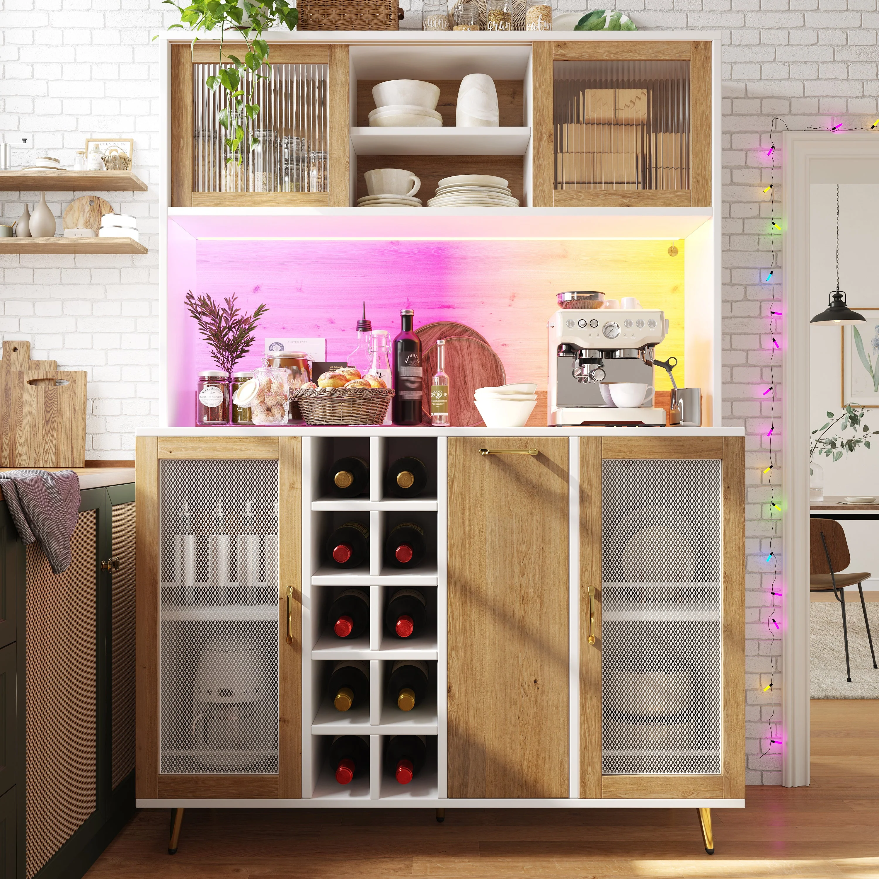 Buffet Sideboard Cabinet with LED Lighting, Wine Rack and Integrated Socket, White and Wood Look - Image 5