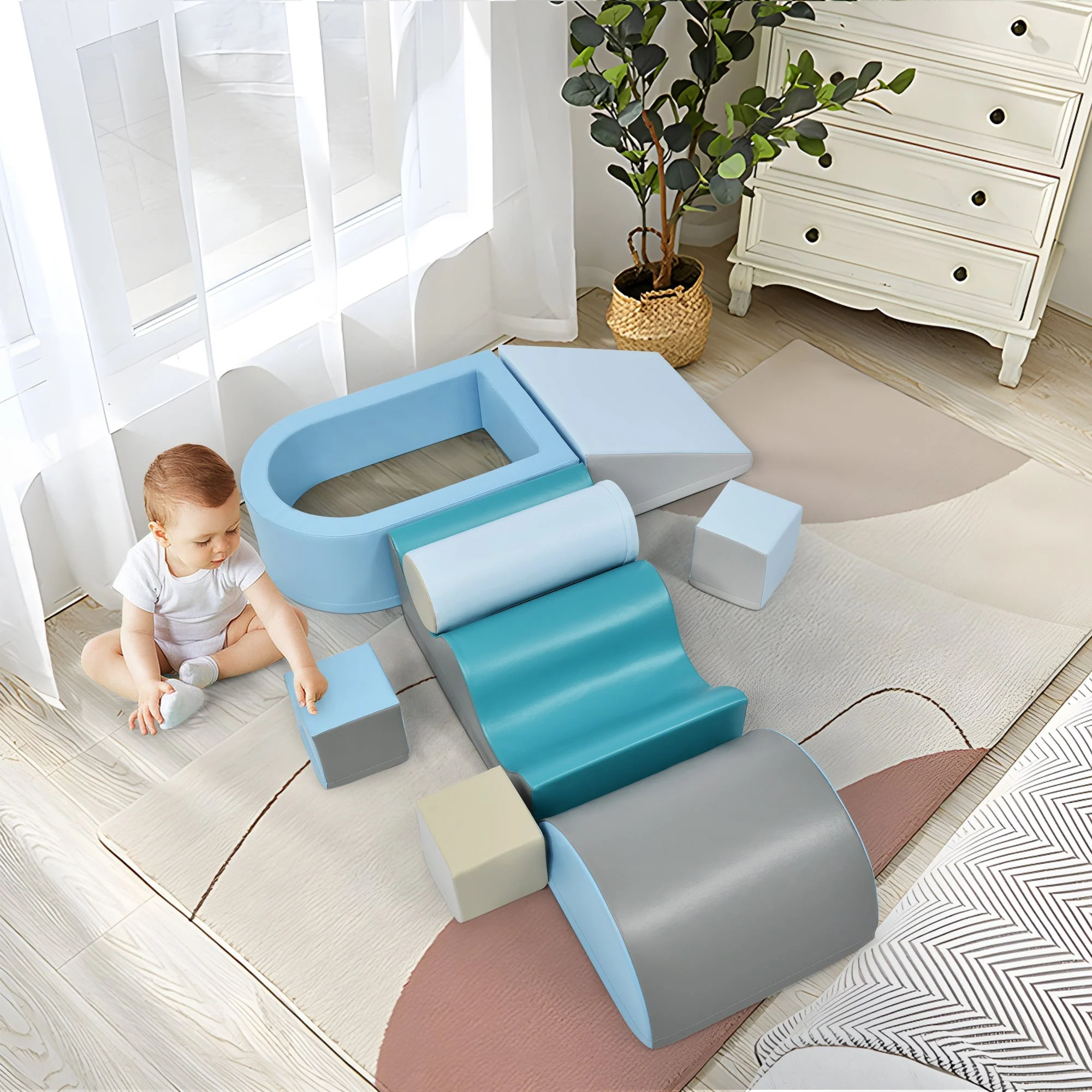 Building Blocks 9-Piece Romping and Climbing, Stairs, Slide, Ball Pit, Soft, Colorful - Image 5