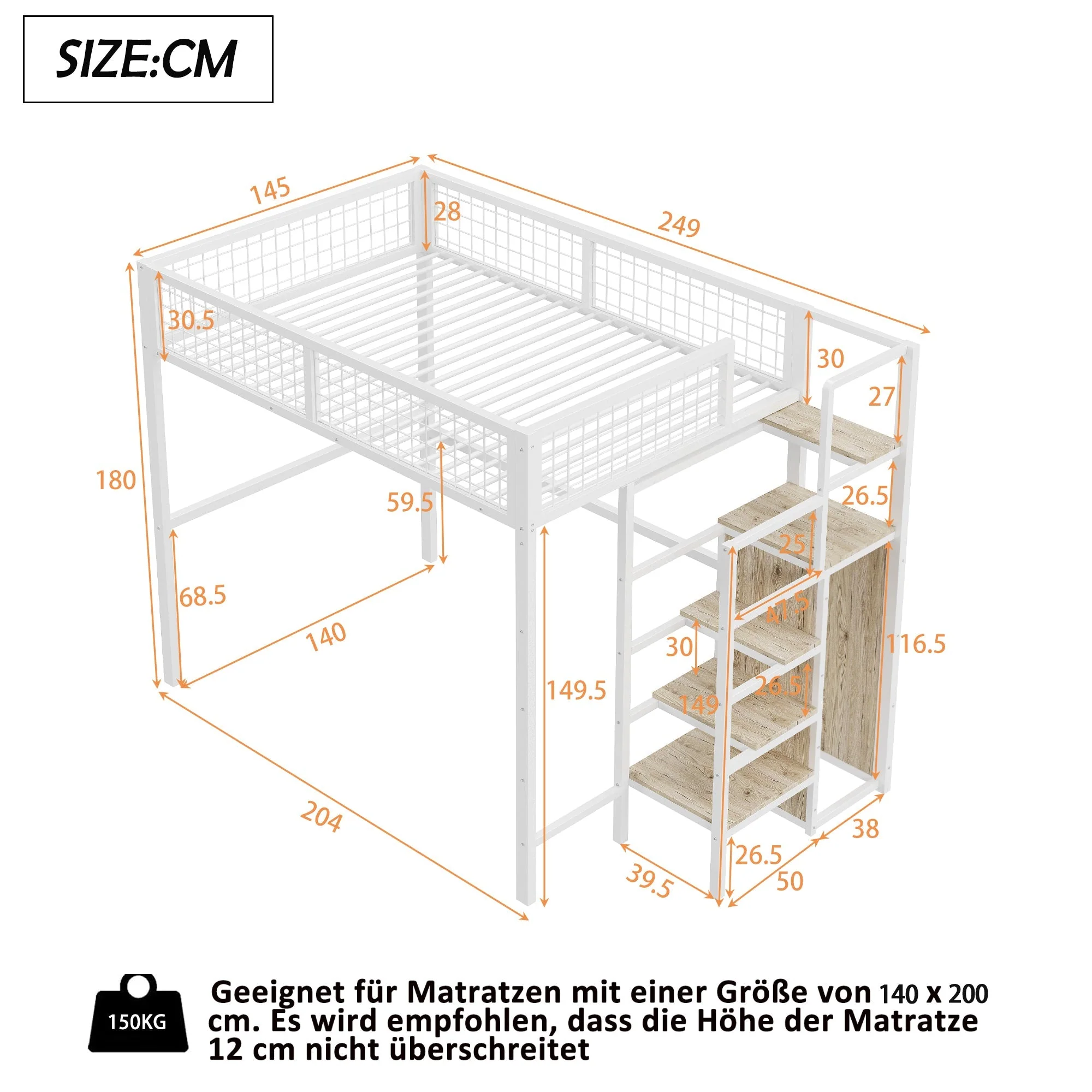 Bunk Bed 140x200 Ladder Storage Shelf Wardrobe Iron Frame White - Image 4