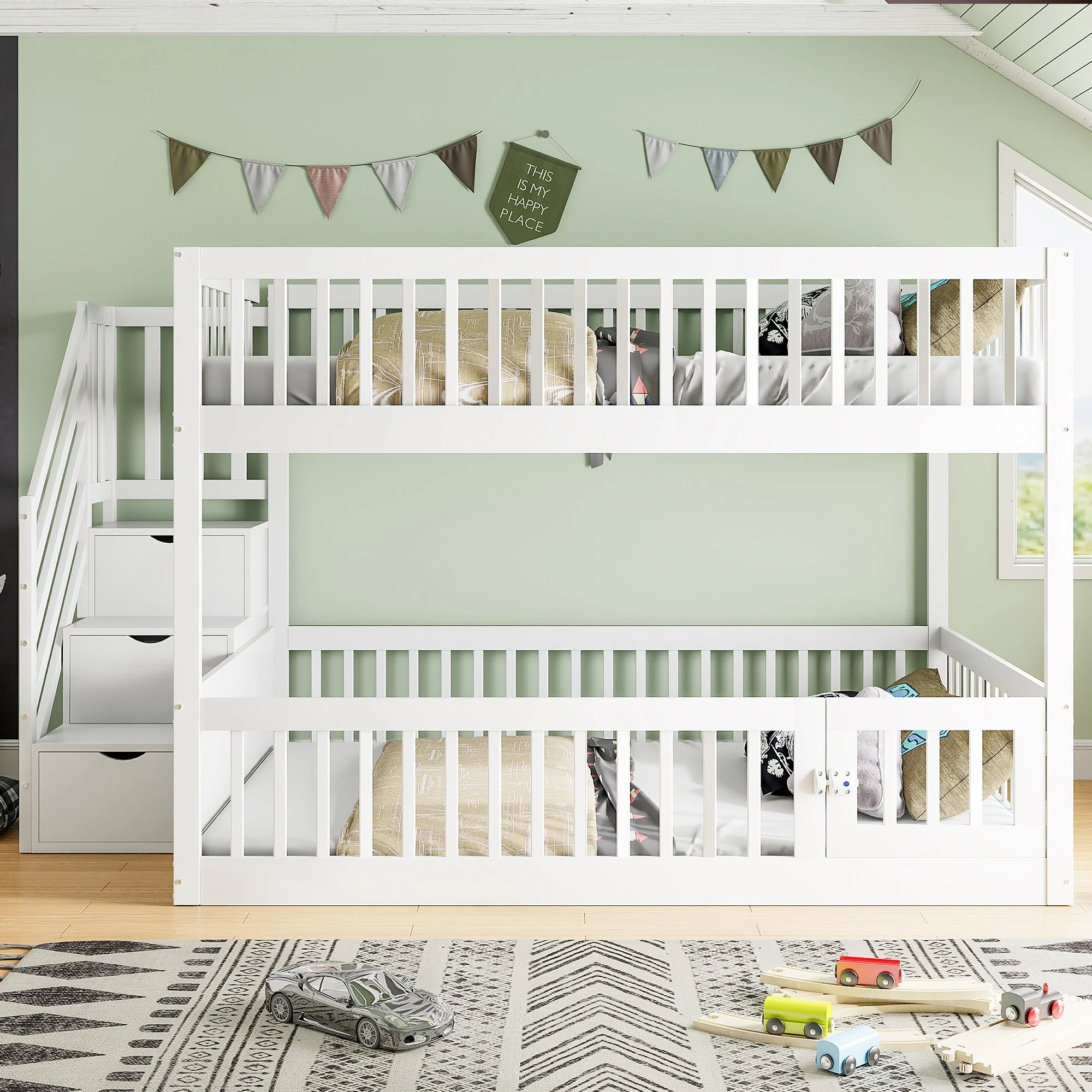 Bunk Bed 140x200, with Safety Stairs and Storage Drawers, White Wood - Image 2