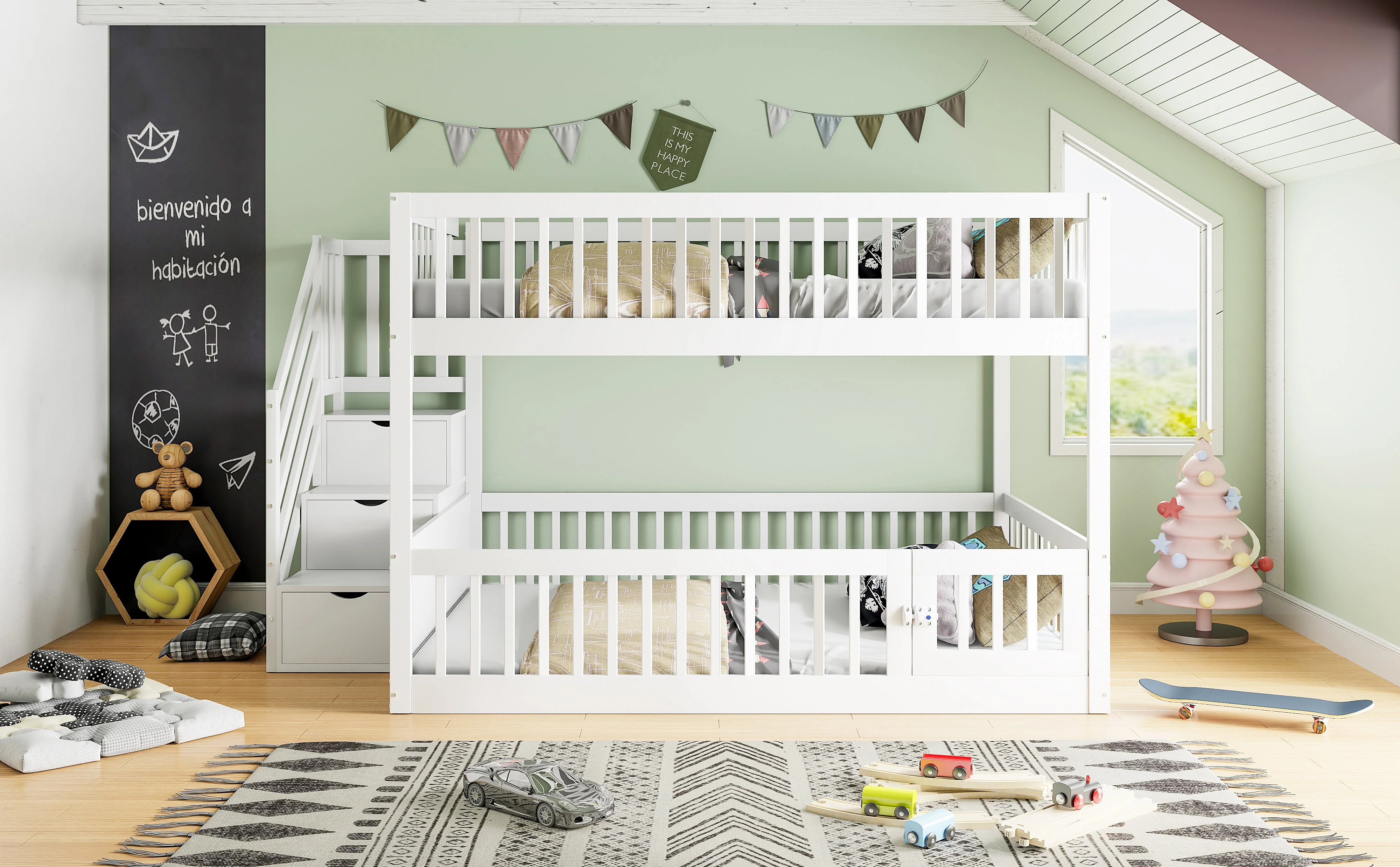 Bunk Bed 140x200, with Safety Stairs and Storage Drawers, White Wood - Image 4