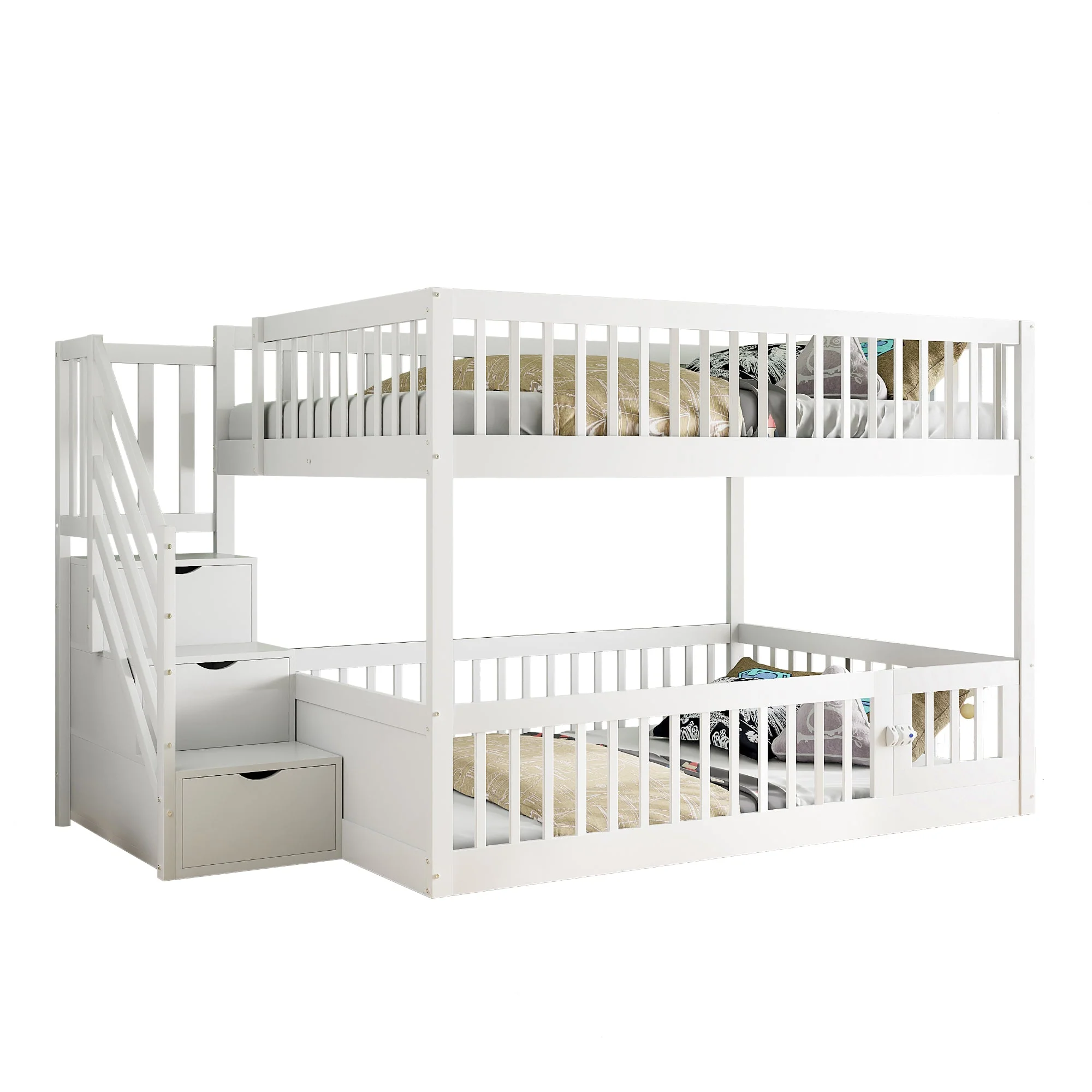 Bunk Bed 140x200, with Safety Stairs and Storage Drawers, White Wood - Image 5