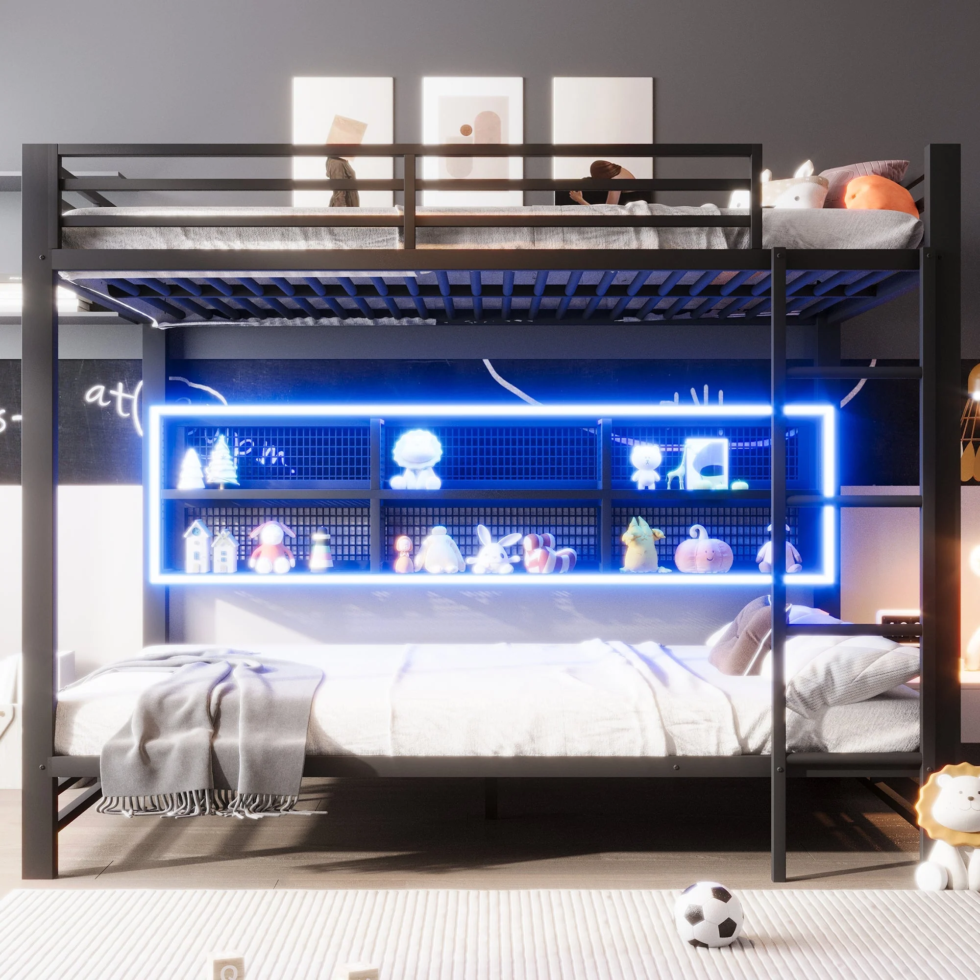 Bunk Bed 140x200 with Storage Cabinets LED Light Black - Image 3