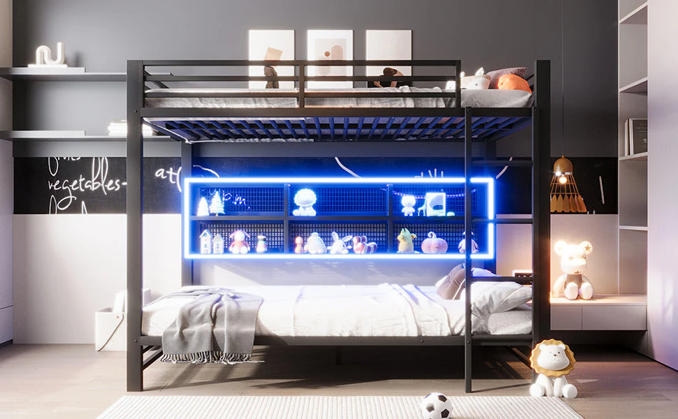 Bunk Bed 140x200 with Storage Cabinets LED Light Black - Image 8