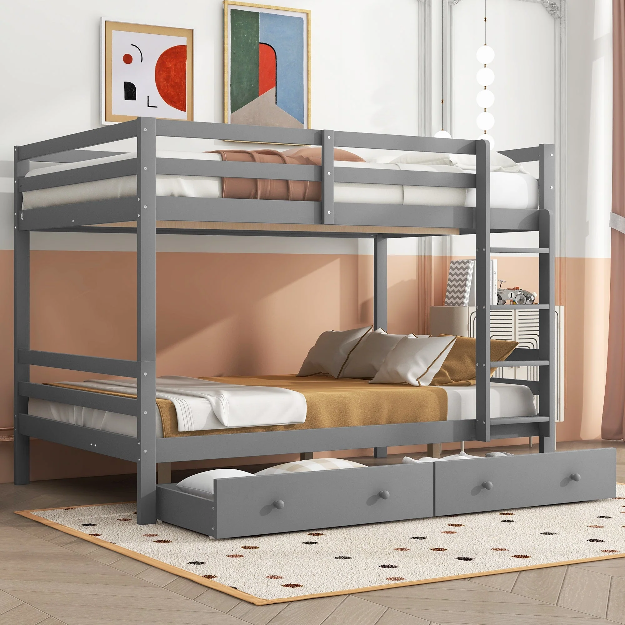 Bunk Bed 140x200cm Drawers Storage High Railings - Grey