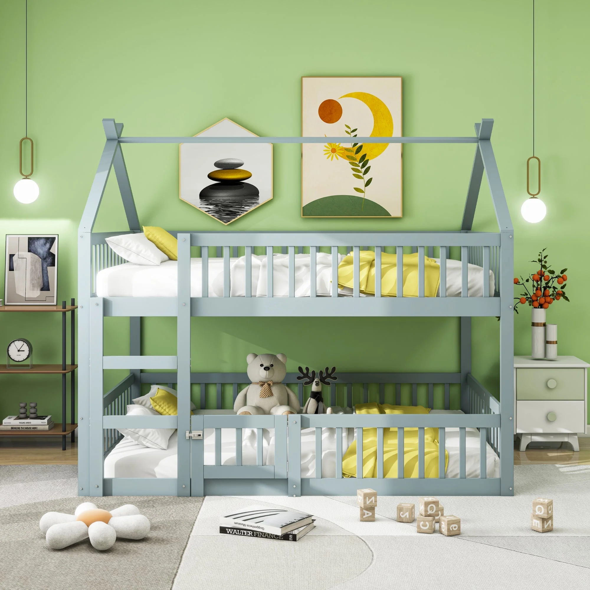 Bunk Bed, 140x200cm Family Bed with Stairs, Solid Wood, Grey - Image 2