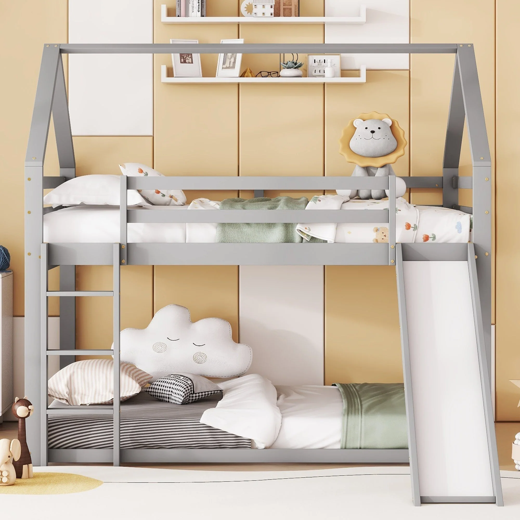 Bunk Bed 140x200cm House Bed Slide & Ladder - Grey - Image 2