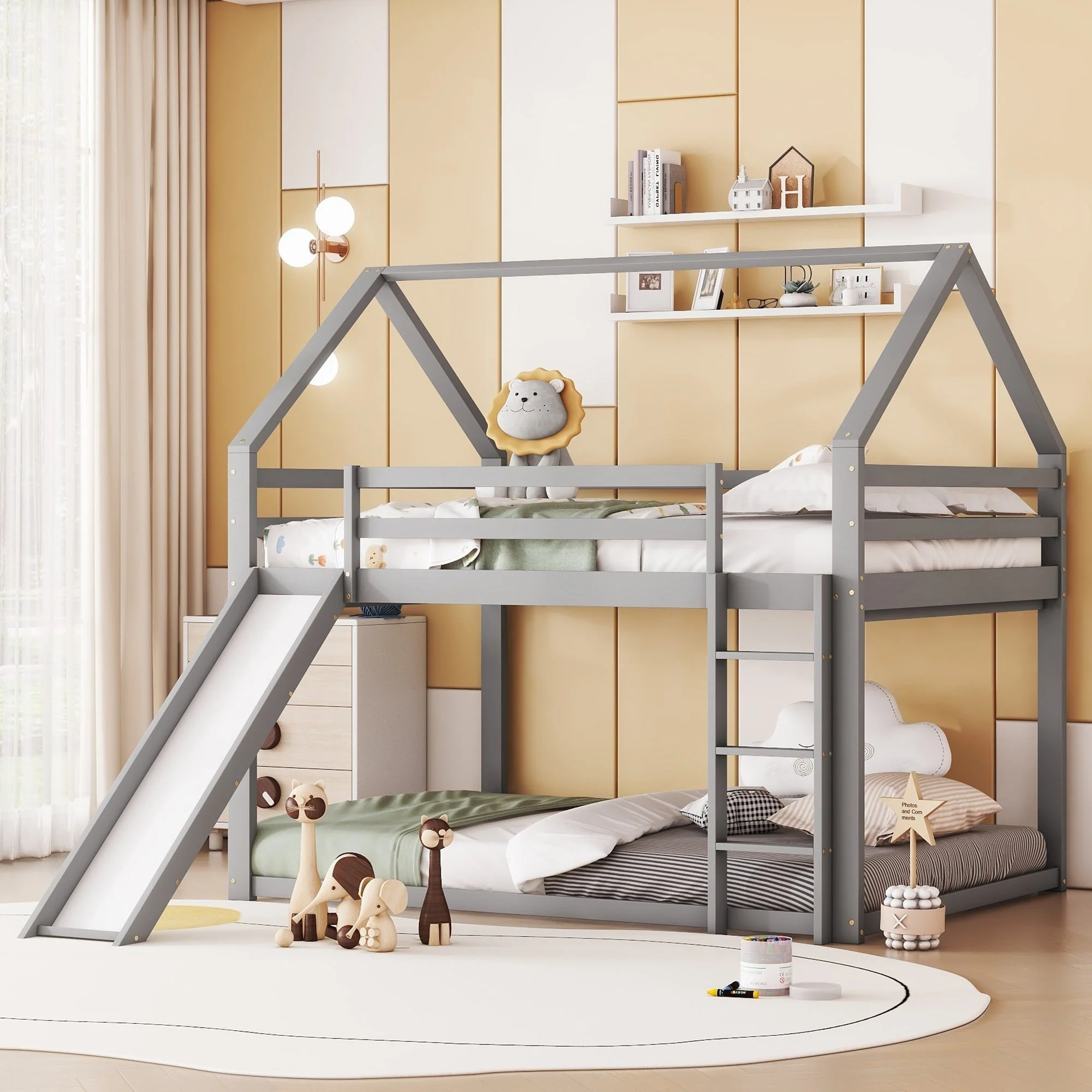 Bunk Bed 140x200cm House Bed Slide & Ladder - Grey - Image 4