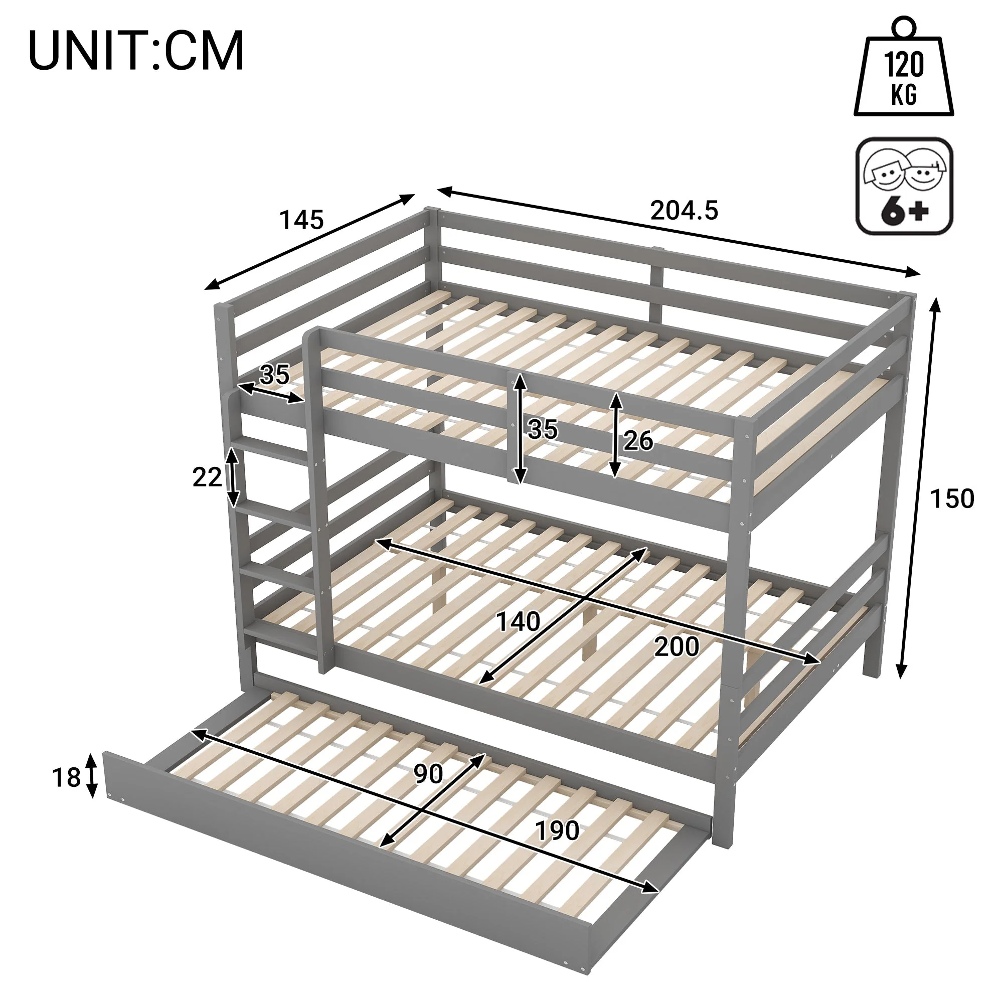 Bunk Bed 140x200cm Pull-Out Bed Stairs High Railings - Grey - Image 6