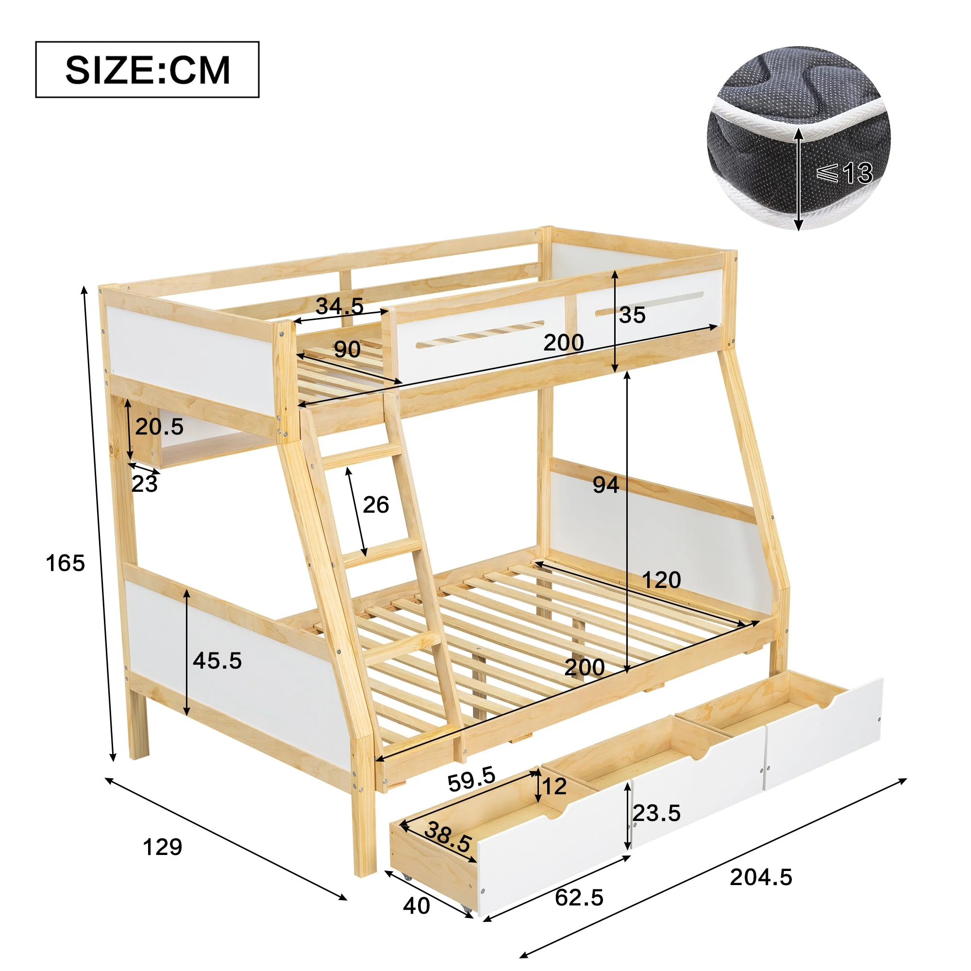 Bunk Bed, 3 Drawers, Book Stand, Fenced, Stepladder, Pine + MDF + Plywood, White + Natural - Image 4
