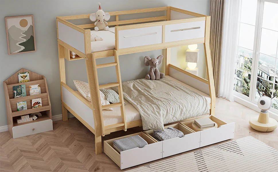 Bunk Bed, 3 Drawers, Book Stand, Fenced, Stepladder, Pine + MDF + Plywood, White + Natural - Image 7