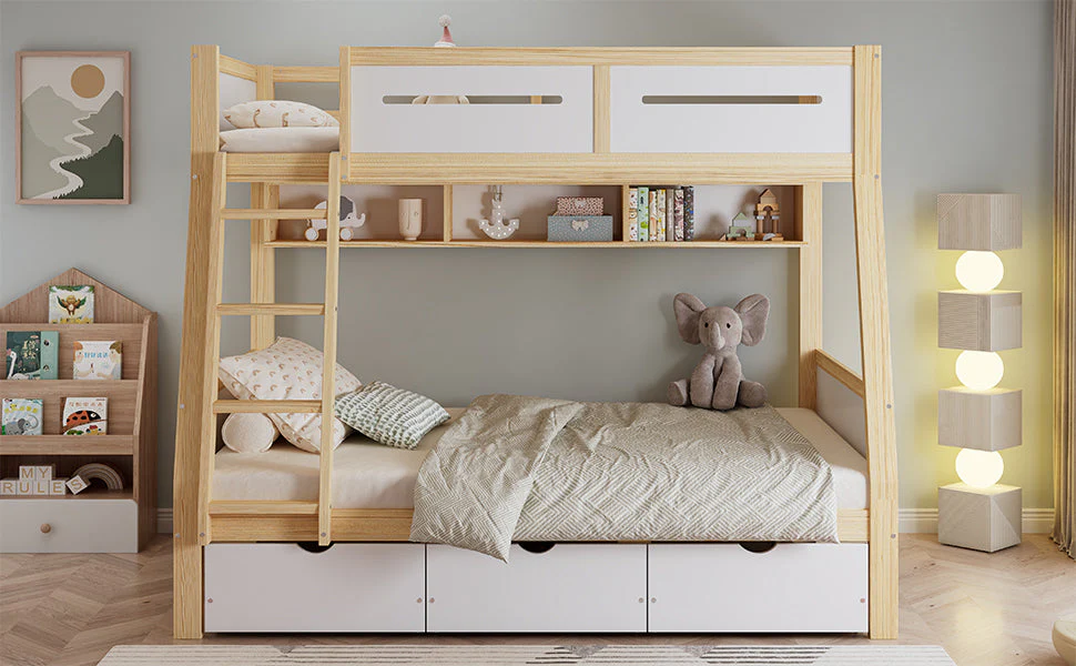 Bunk Bed, 3 Drawers, Book Stand, Fenced, Stepladder, Pine + MDF + Plywood, White + Natural - Image 9