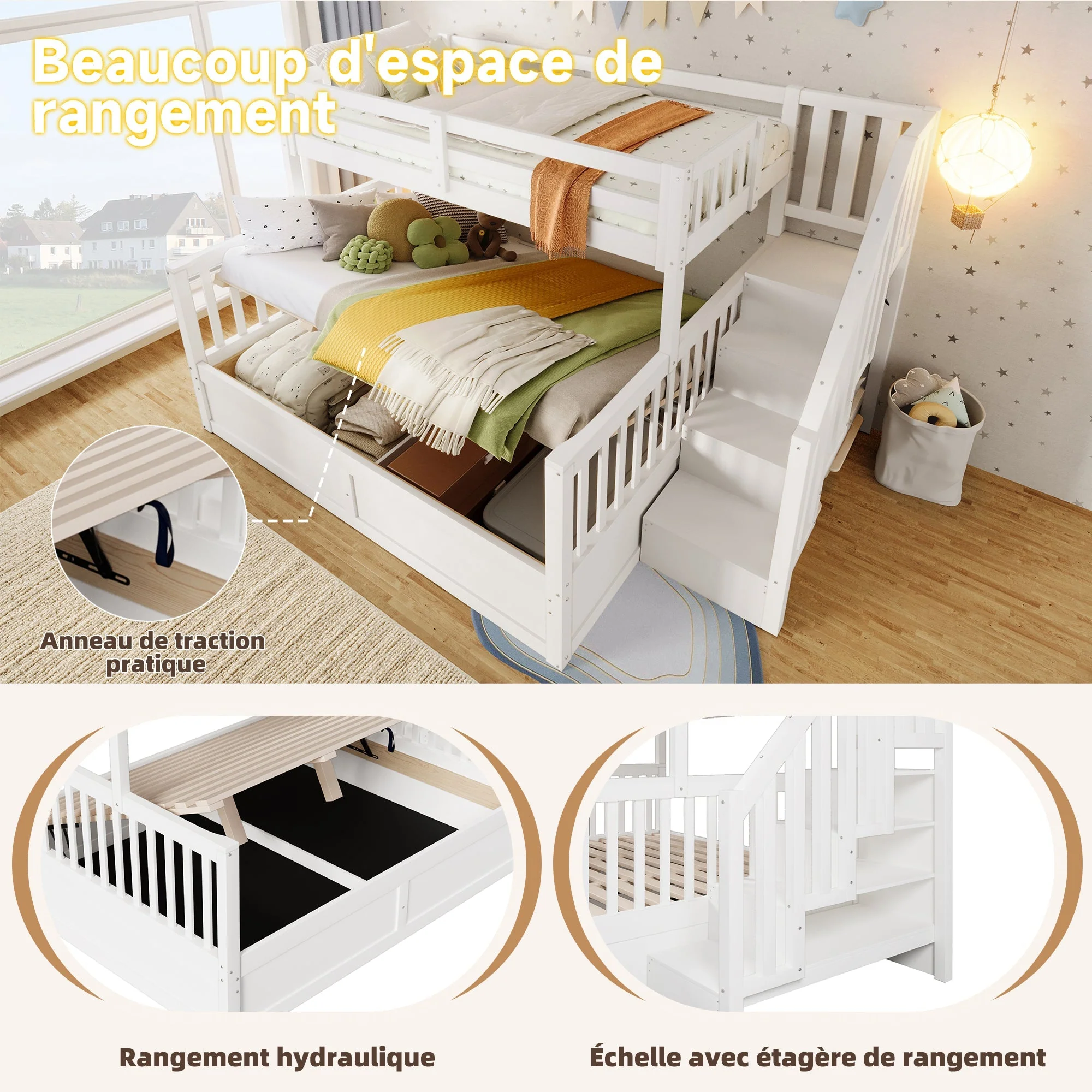 Bunk Bed 90/140x200cm Hydraulic Storage Ladder White - Image 9