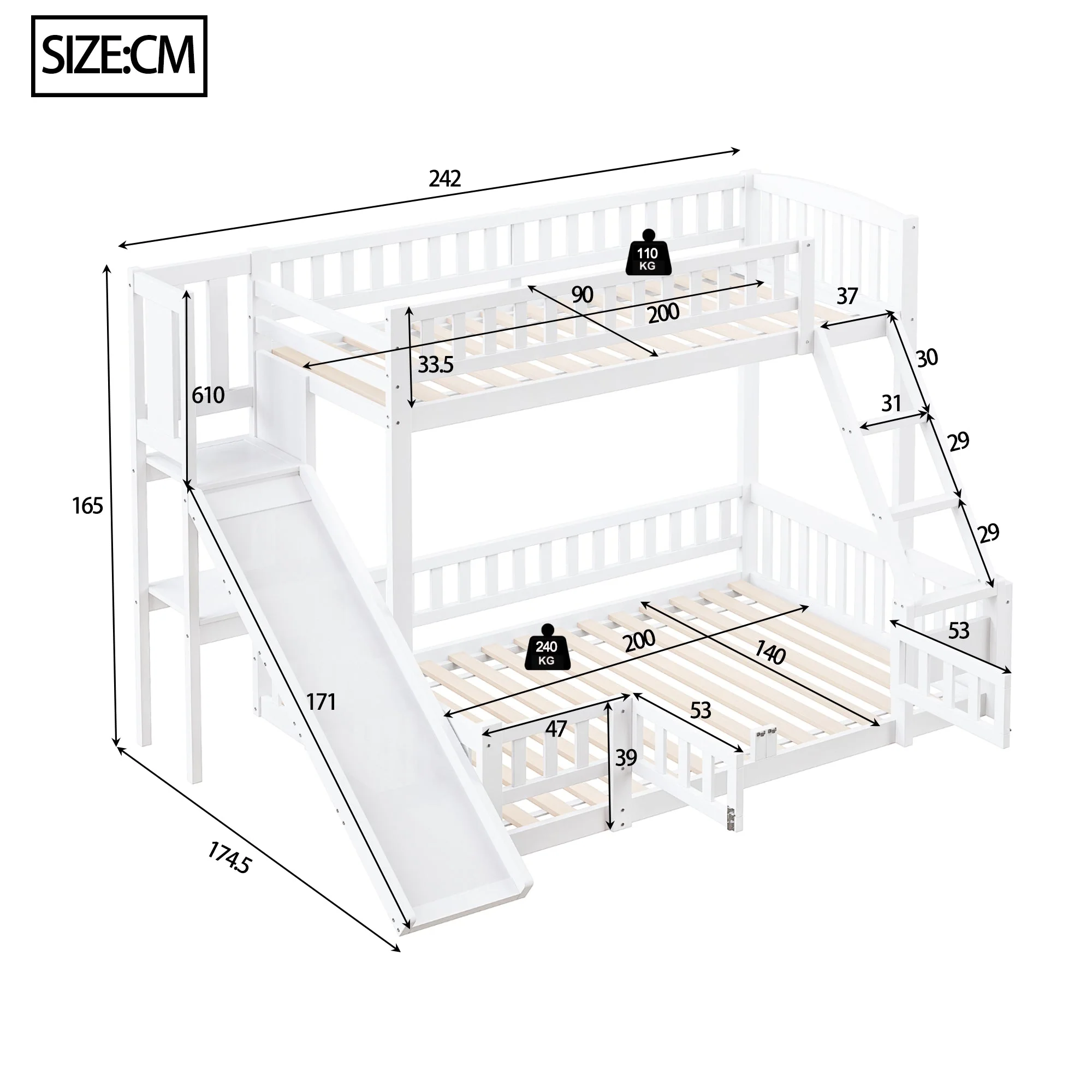 Bunk Bed 90/140x200cm Slide Steps Storage Shelves - White Pine Wood - Image 5