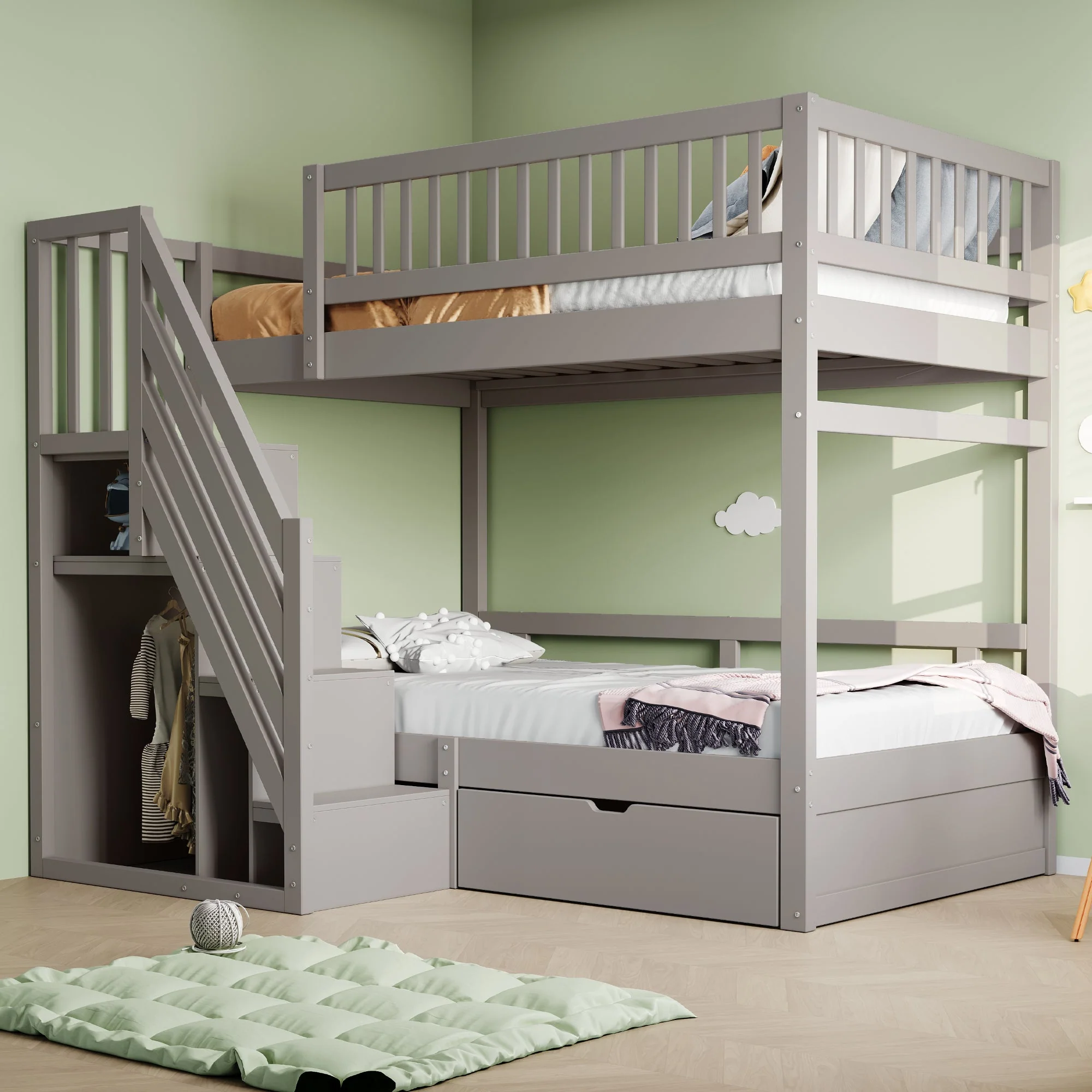 Bunk Bed, 90*200cm, High Safety Rail, Slatted Frame, Storage Ladder & Drawers, Solid Wood Grey - Image 2