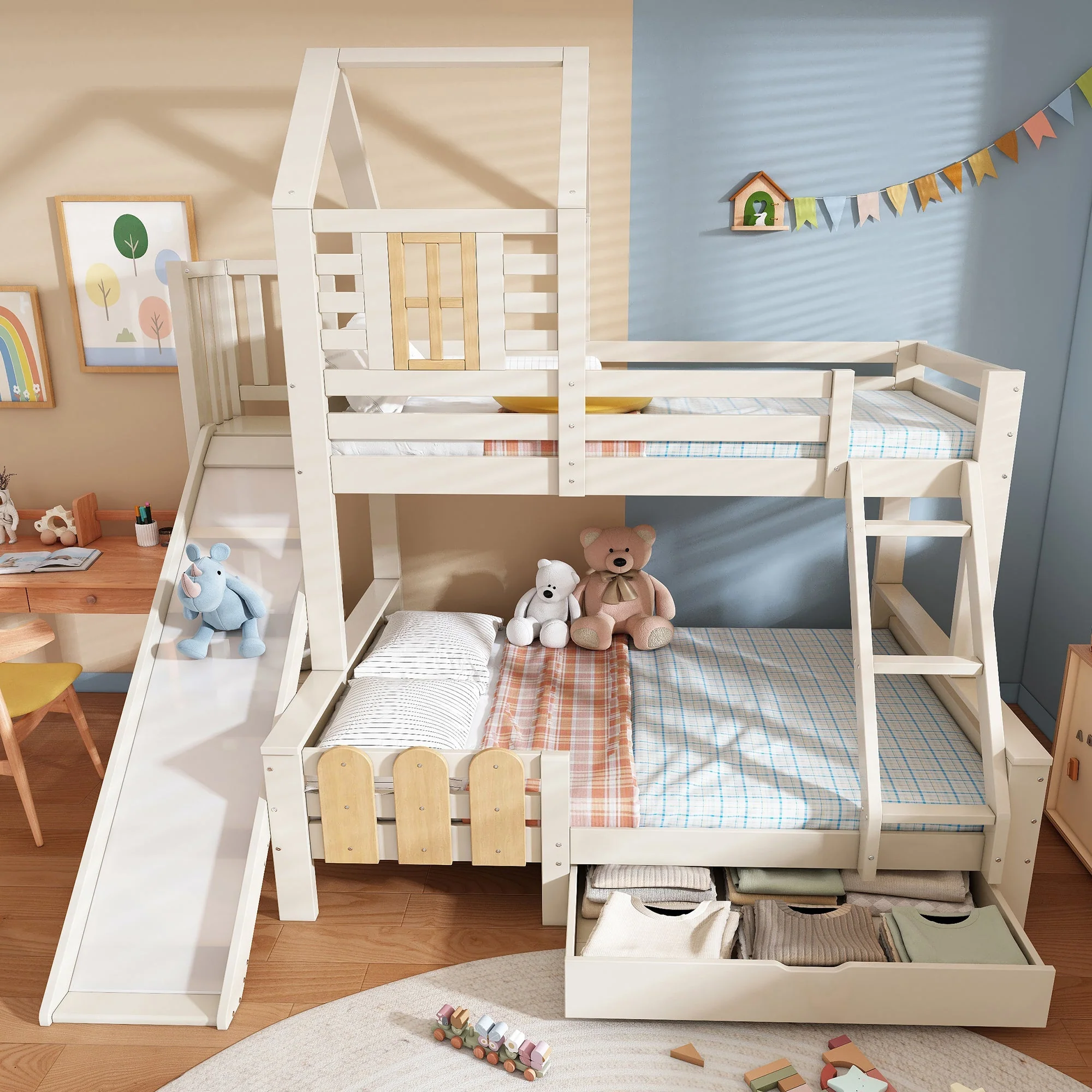 Bunk Bed, 90x200 & 140x200cm, House Loft with Drawer & Slide, Log Cabin Design - Image 10