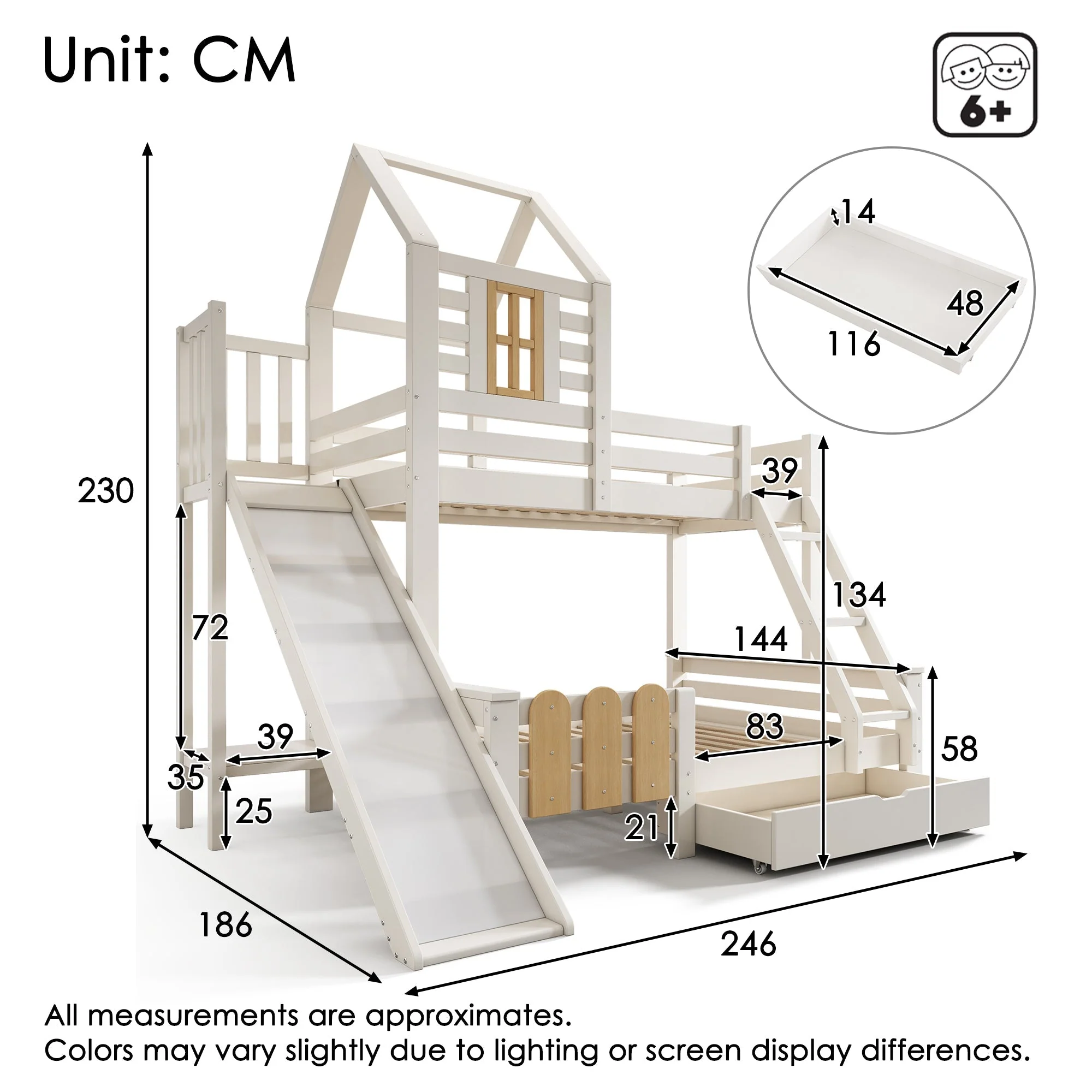 Bunk Bed, 90x200 & 140x200cm, House Loft with Drawer & Slide, Log Cabin Design - Image 2