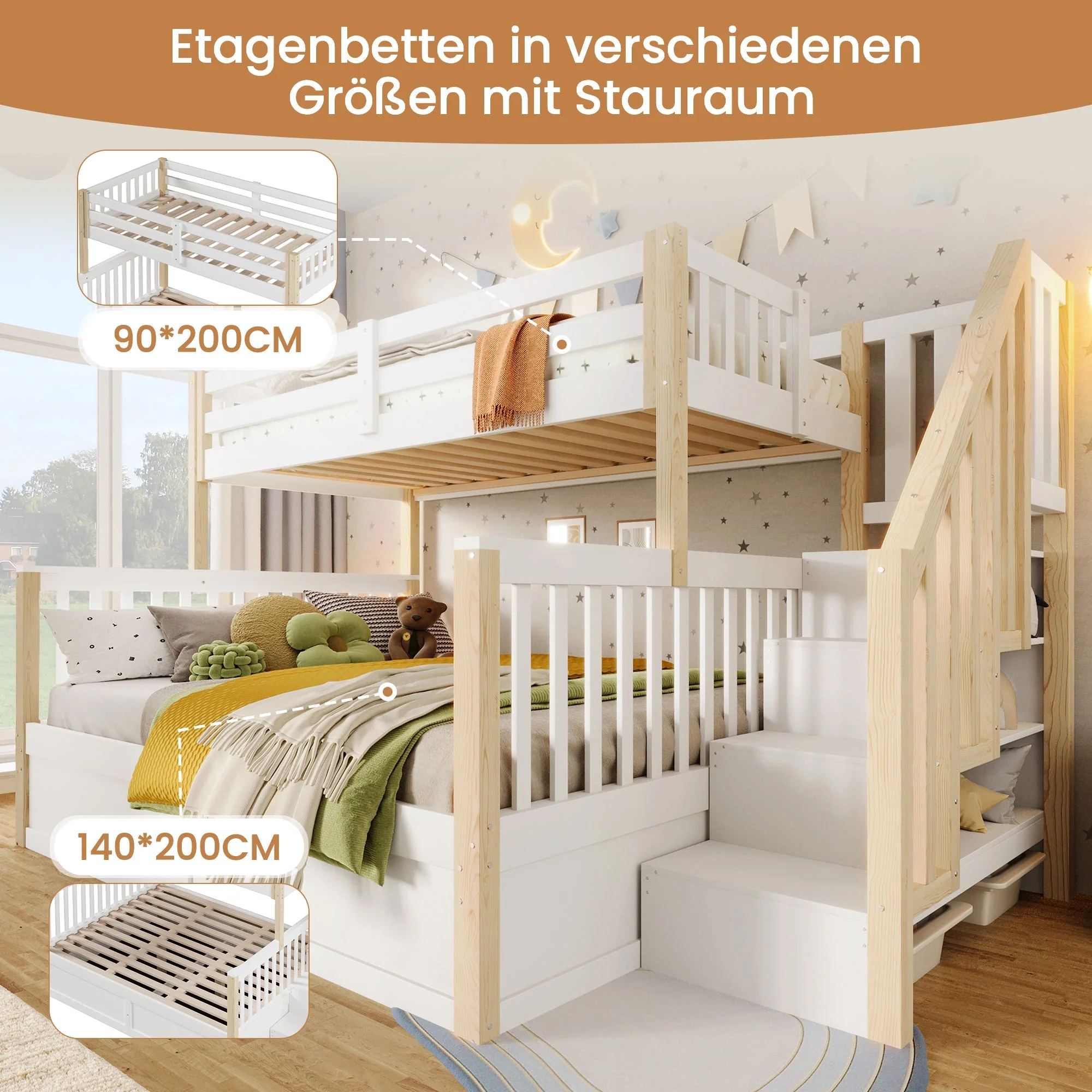 Bunk Bed 90x200/140x200cm Hydraulic Storage Ladder White/Natural - Image 9