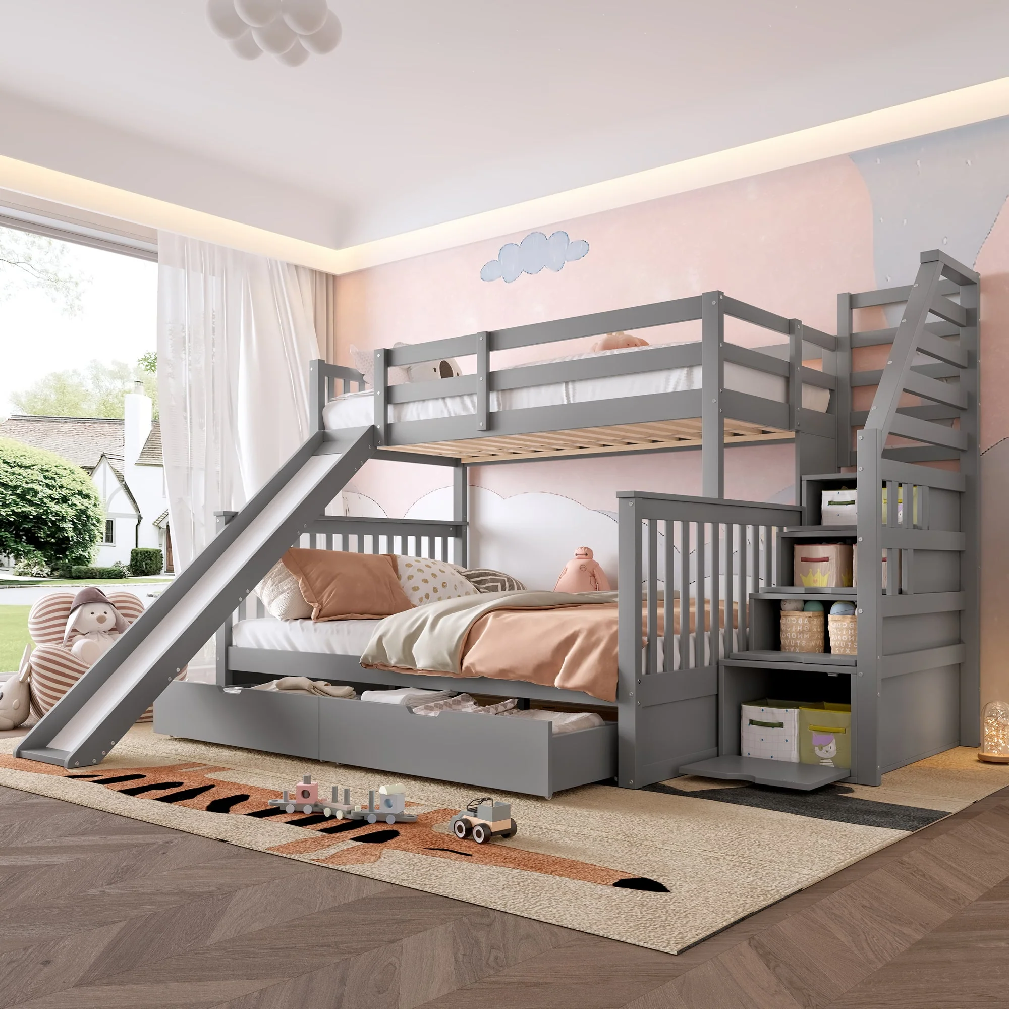 Bunk Bed 90x200 Over 140x200 With Storage Drawers & Slide Grey