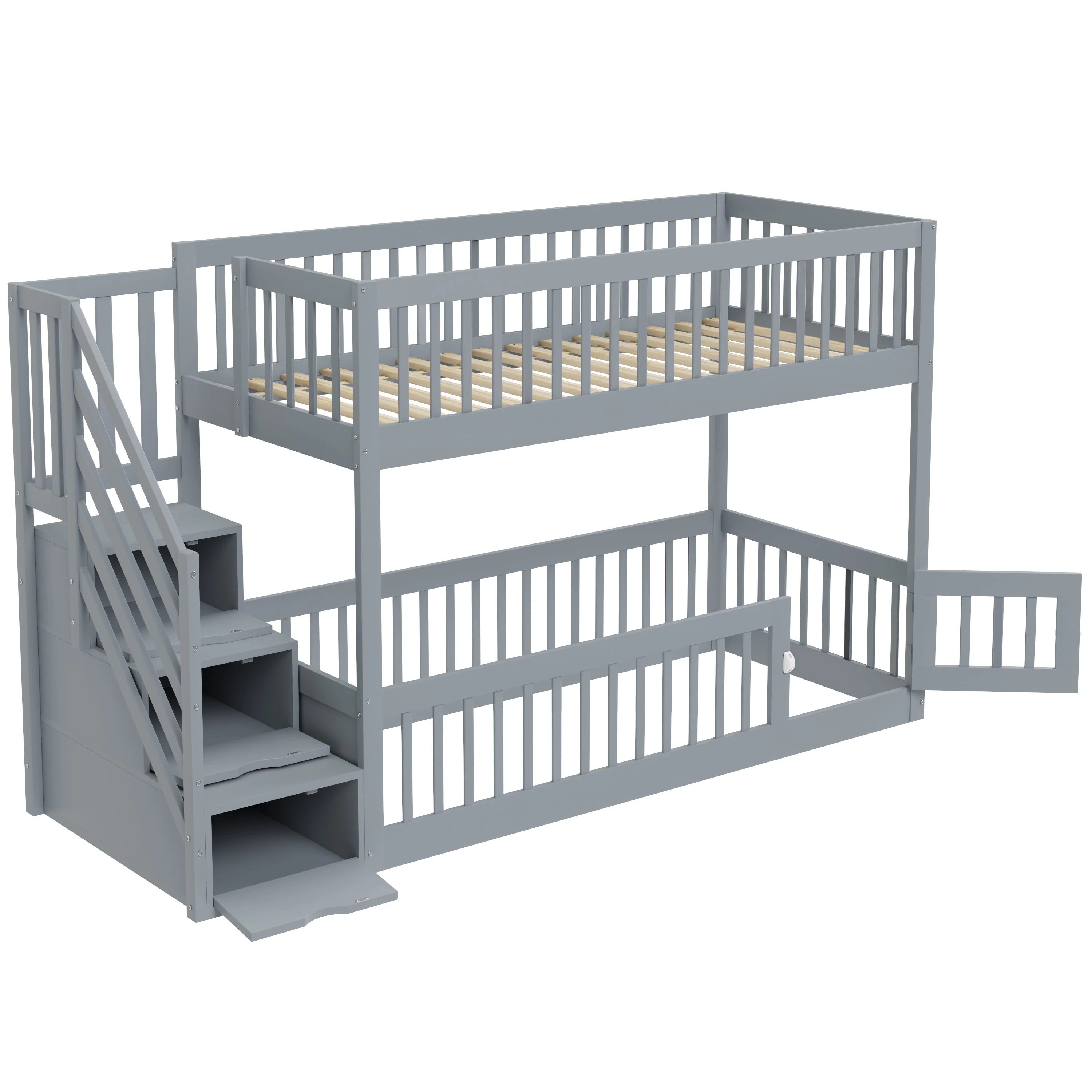 Bunk Bed 90x200 Safety Stairs Drawers Storage, Grey Wooden - Image 8