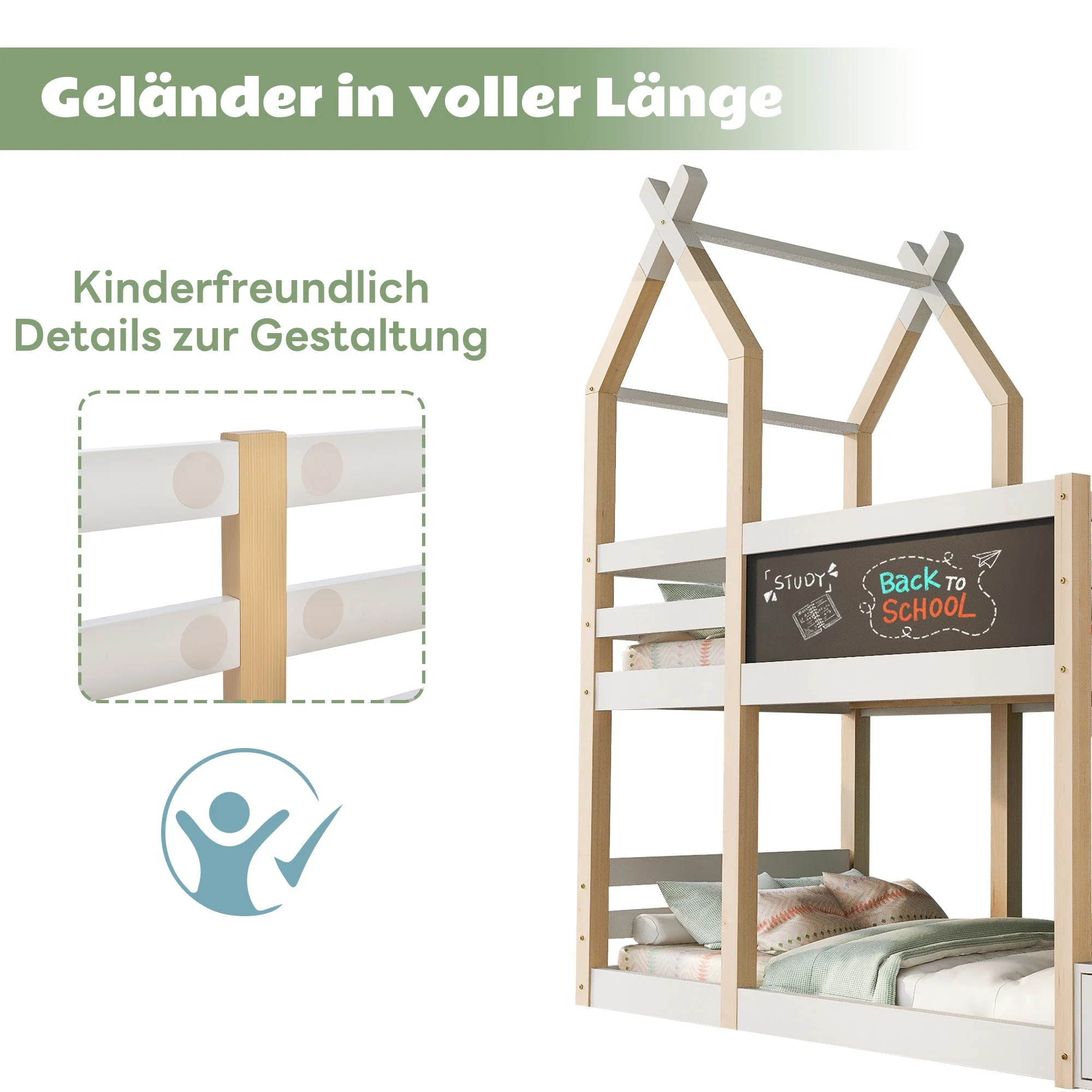 Bunk Bed 90x200, Treehouse Design with Blackboard, Storage, Fall Protection, Loft Bed for Kids, 2x Slatted Frames - Natural & White - Image 3