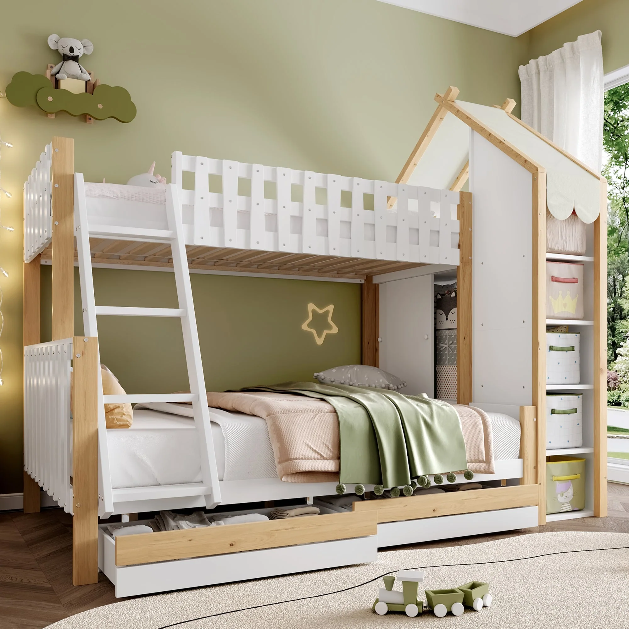 Bunk Bed 90x200cm/140x200cm, House Rail, Ladder, 2 Drawers, White + Natural Wood - Image 2