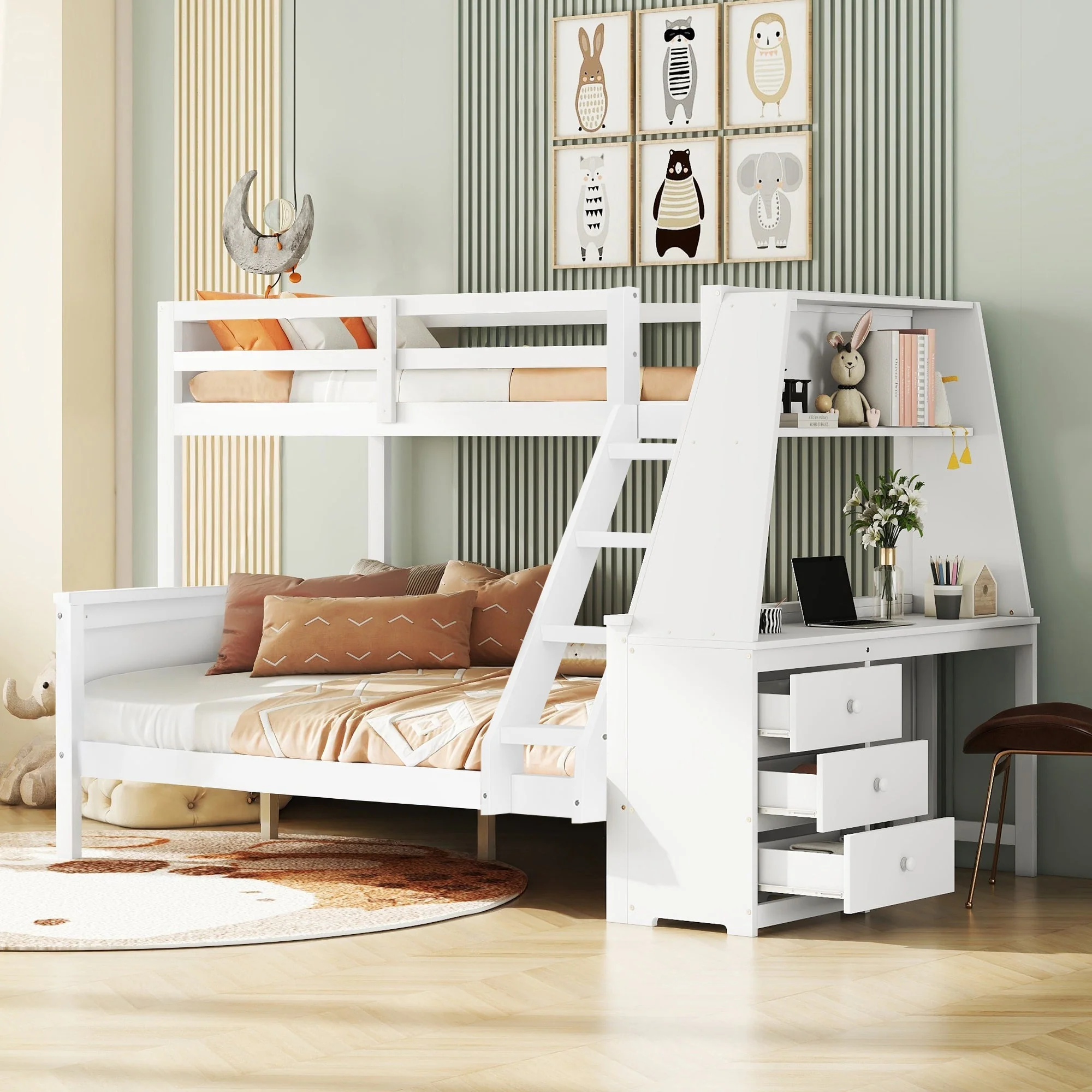 Bunk Bed 90x200cm/140x200cm Table Storage High Railing - White - Image 3