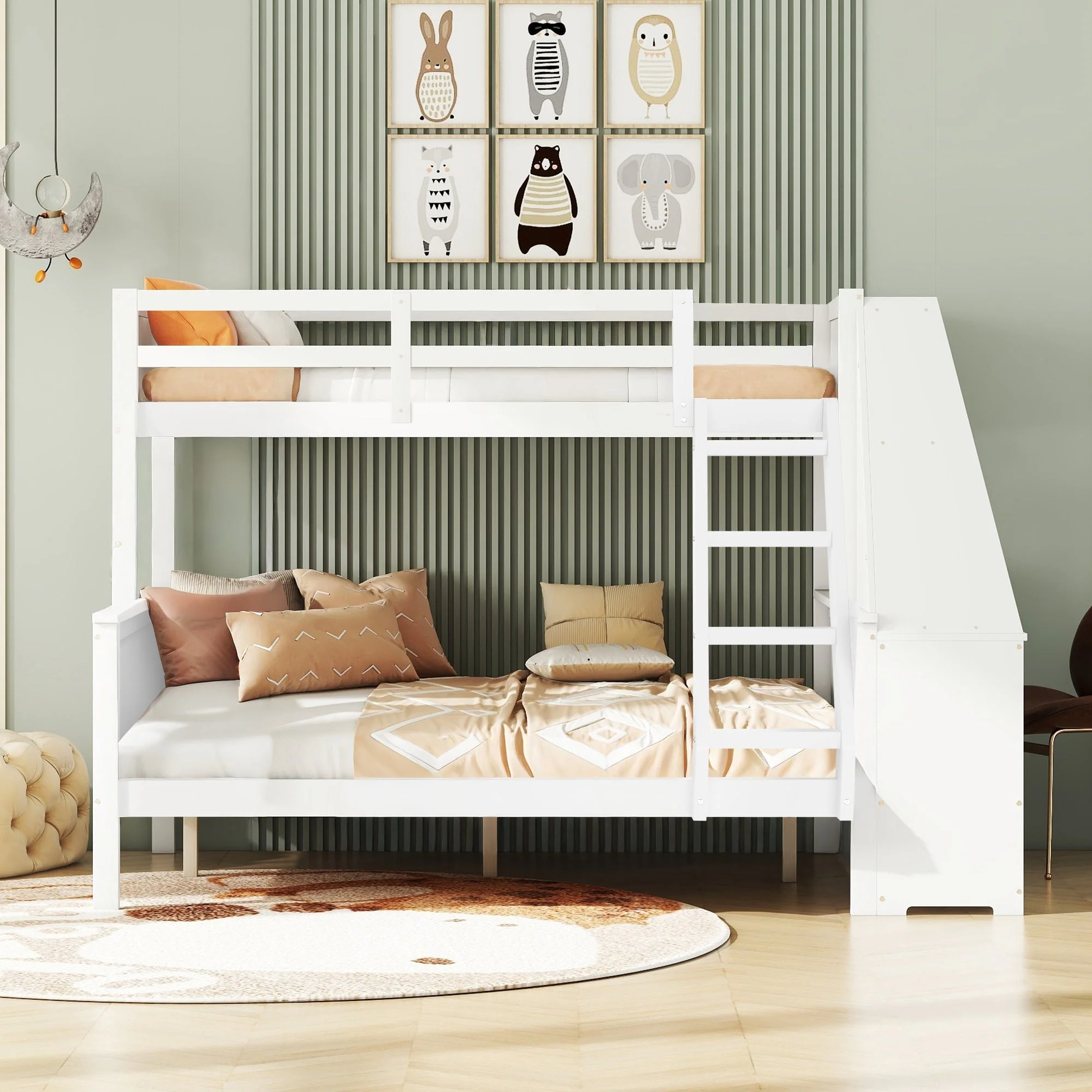 Bunk Bed 90x200cm/140x200cm Table Storage High Railing - White - Image 4