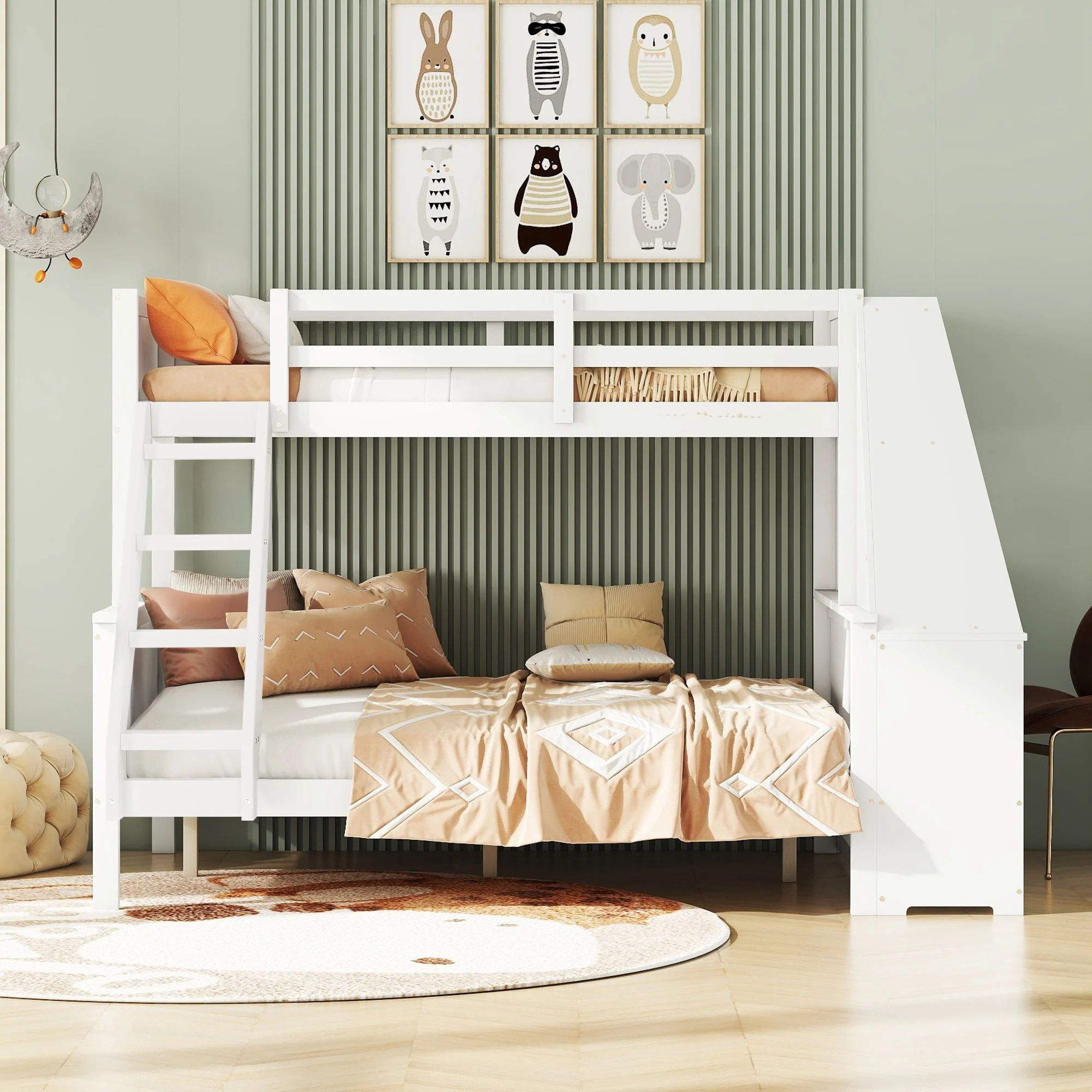 Bunk Bed 90x200cm/140x200cm Table Storage High Railing - White - Image 5