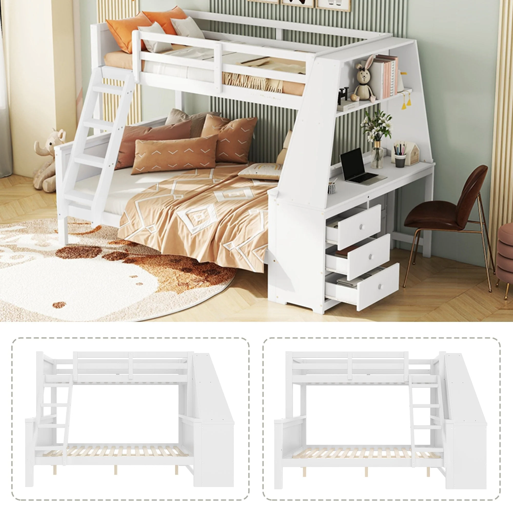 Bunk Bed 90x200cm/140x200cm Table Storage High Railing - White - Image 7