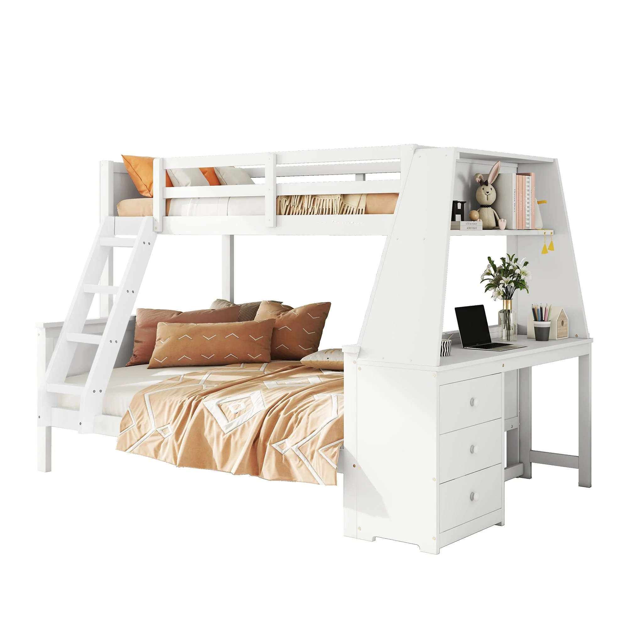 Bunk Bed 90x200cm/140x200cm Table Storage High Railing - White - Image 9
